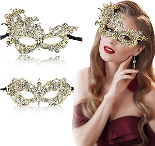 2 PCS Masquerade Masks Golden for Women, Lace Carnival Venetian Gras Mask for Halloween,Mardi Gras Prom Ball Bar Costume