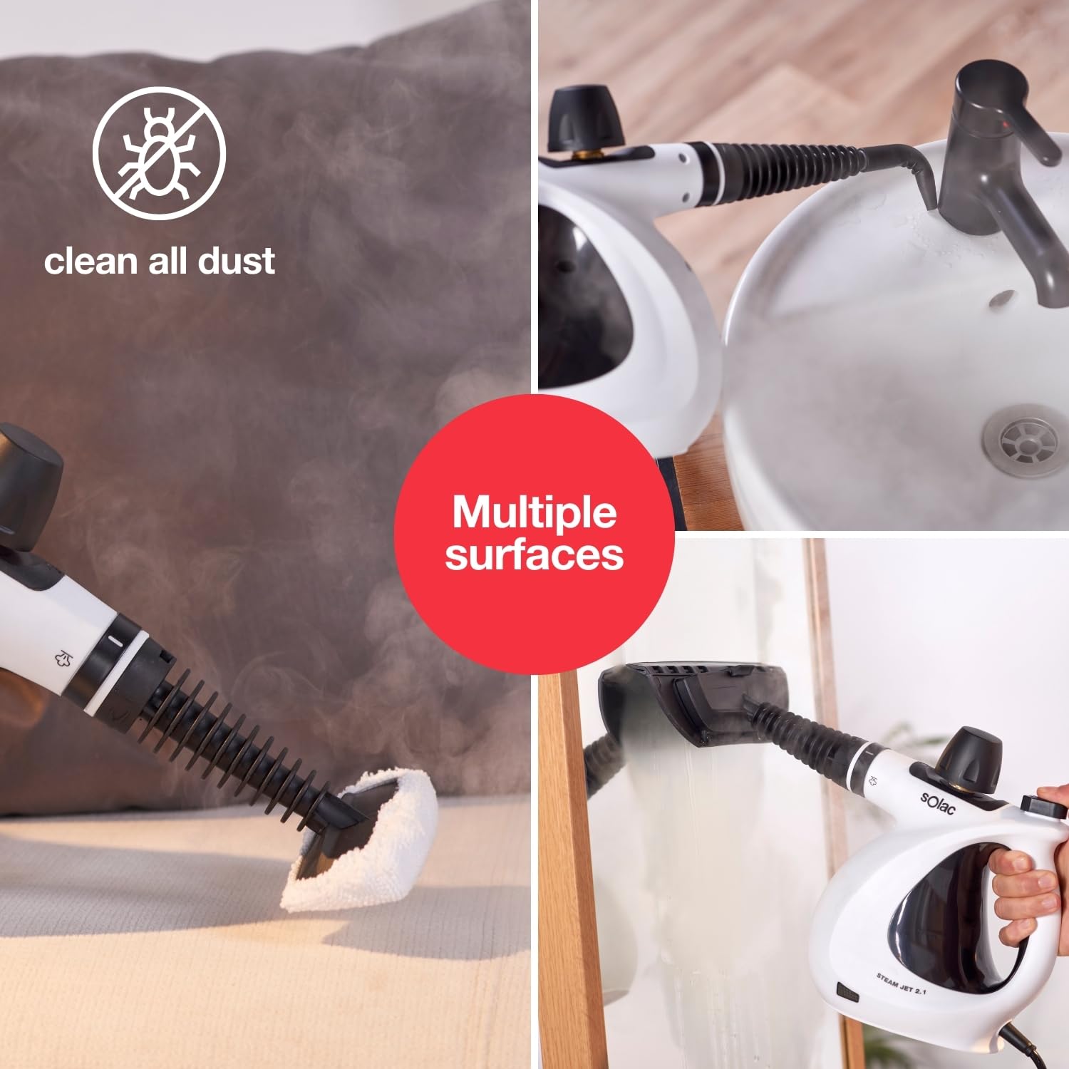 Solac – Handheld steam cleaner LV1301, 1050W, 350 ml reservoir, Ready in 3 min, 3 m cord, 9 accessories, Safety Comfort, Ergonomic handle, White