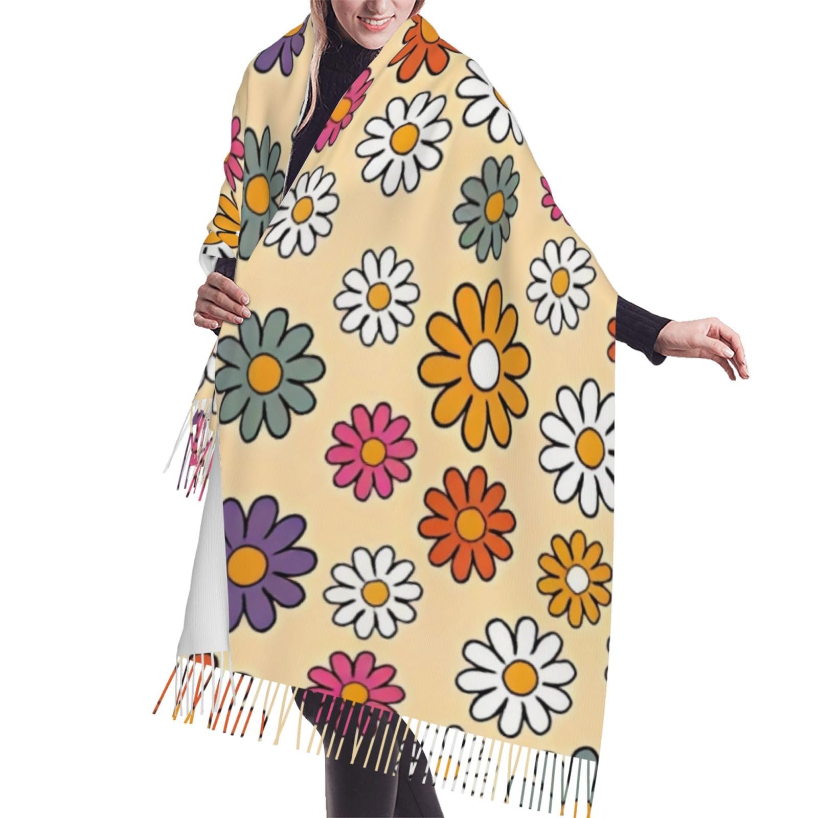 asbwuo 1960s Vintage Retro Hippy Boho Daisies On Beige Cashmere Fringe Scarf Autumn And Winter Silk Scarves Are The Most Warm And Soft - Poncho Shawl Clothing Accessory