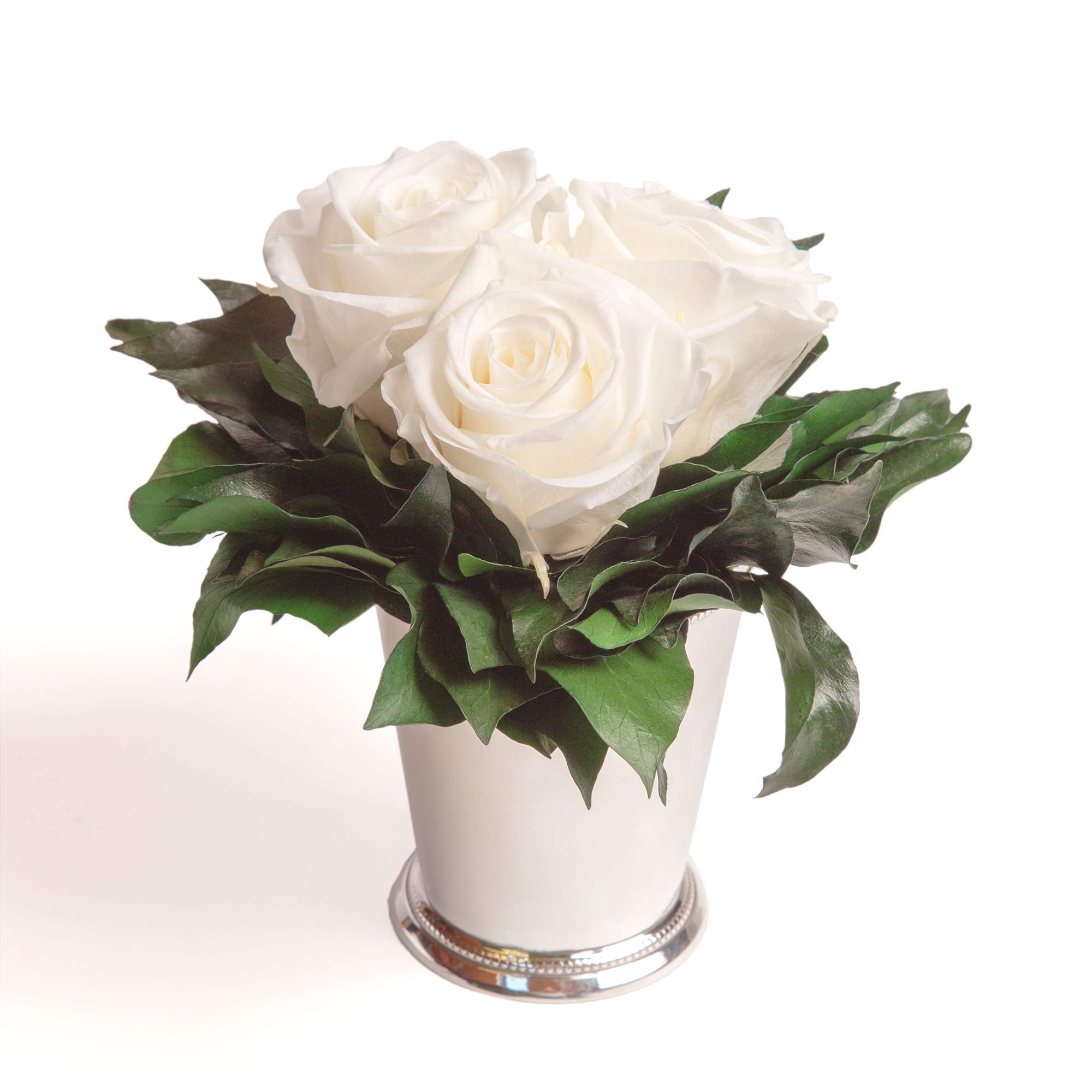 Infinity Blumen in silberfarbenen Becher 3 ewige Rose konserviert weiße Blumendeko Tisch (Weiss, 3 Rosen)
