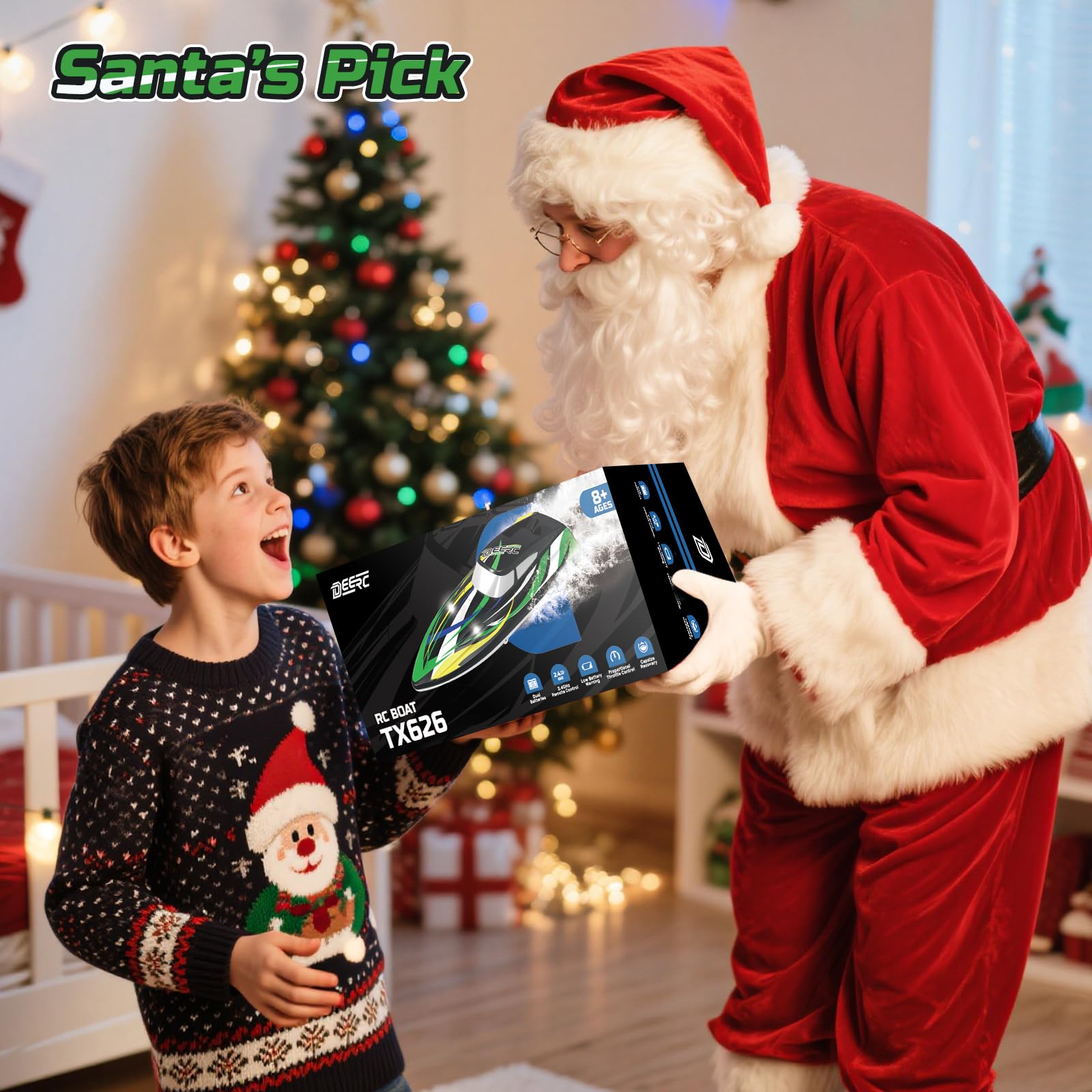 DEERC Barca telecomandata ad alta velocità con luci a LED, barca da corsa RC veloce auto-raddrizzatore, 2 batterie per più di 24 minuti di autonomia, telecomando 2.4GHz, giocattolo per bambini e