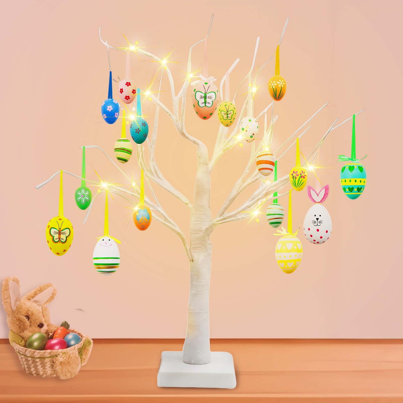 AUXHCYL Easter Twig Tree with LED Lights - Battery/USB Powered Timer Function, 60cm Table Decorations with Various Eggs, Home Gifts (24 LEDs, 18 Eggs)
