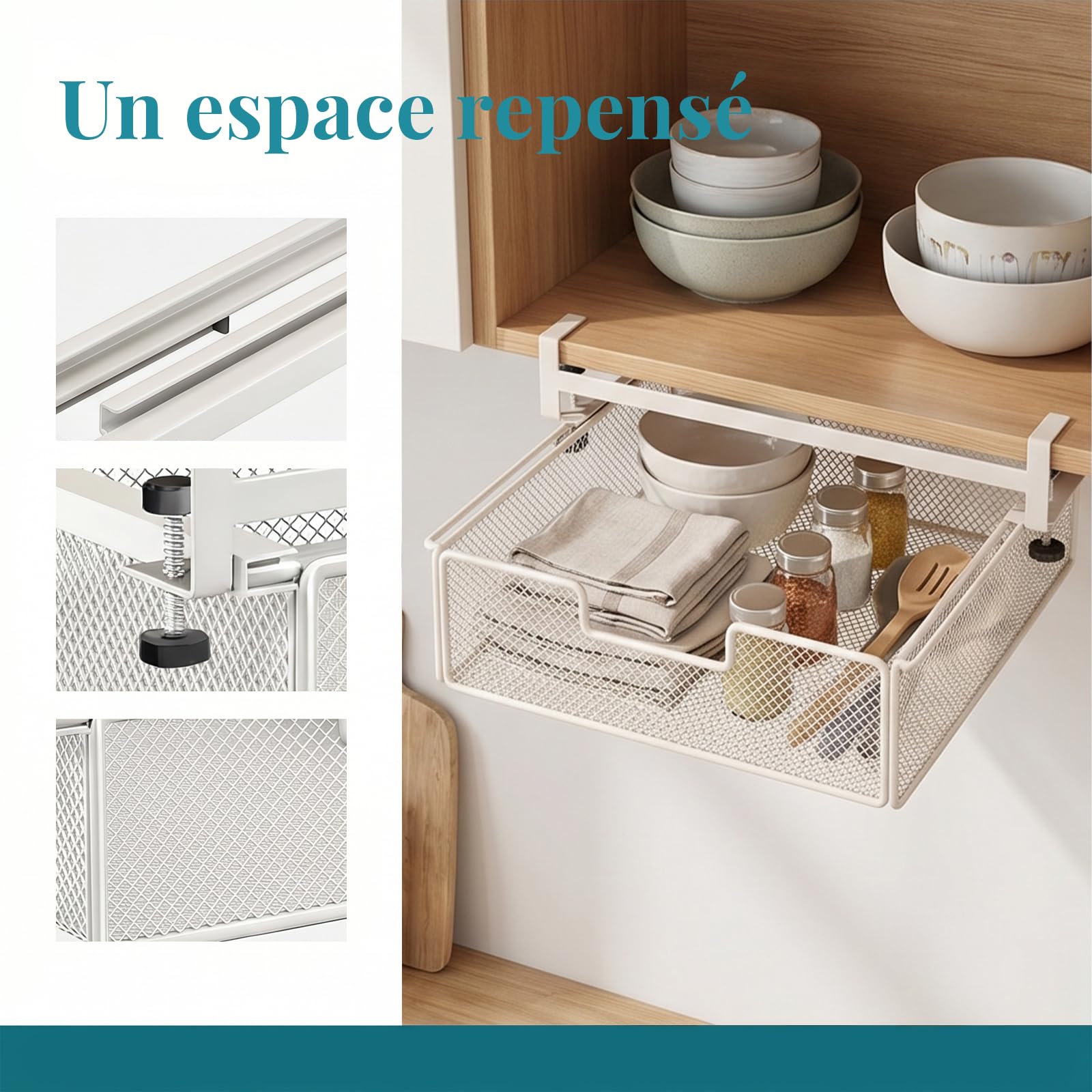 Milageto Panier de Rangement sous Tiroir de Bureau, Grande Capacité, Fer, Blanc