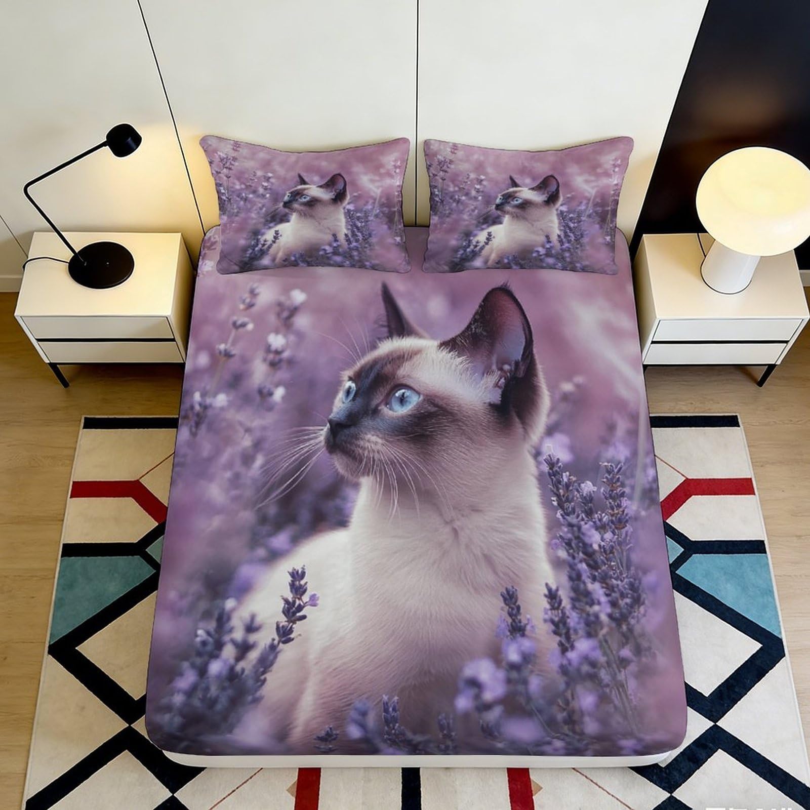 3D Printed Siamese Cat Fitted Sheet Microfiber Soft Breathable Lavender Flower Bed Cover for Bedroom Dormitory Guest Room Mattress Protection Decor 160x200x25cm