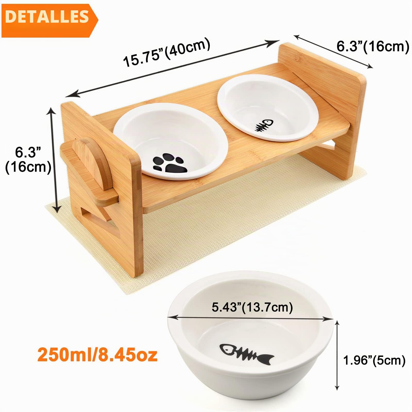 Comedero Gato,Comederos para Gatos Elevado Cuenco de Cerámica Comederos y Bebederos para Gato y Perro , Regulable en altura Con elegante soporte de bambú y Antideslizante Manteles