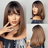 Brown Bob Wigs for Women Shoulder Length Synthetic Wig with Fringe Bangs High Heat Resistant Wig