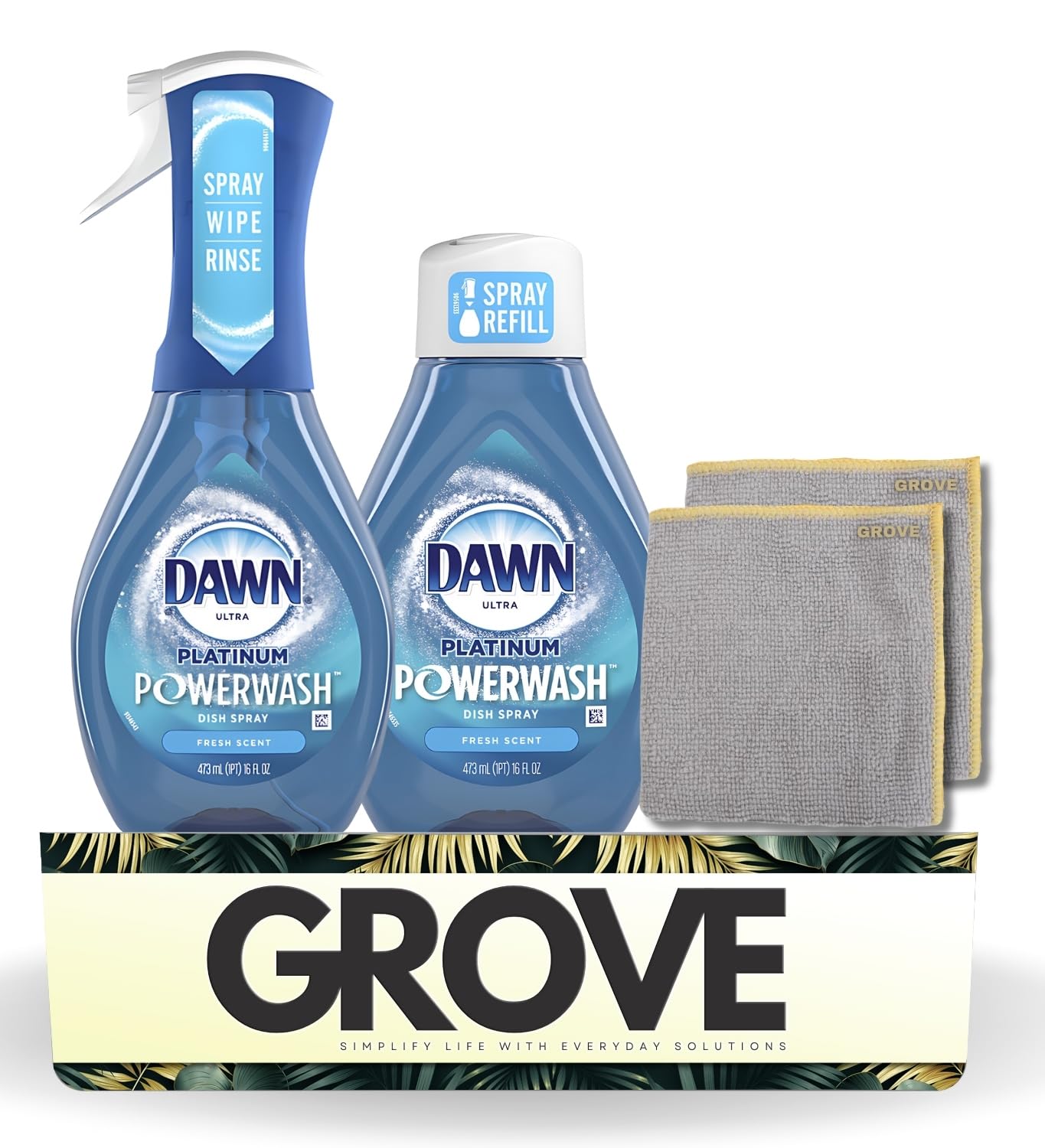 Platinum Powerwash Fresh Scent Liquid Dish Spray 16 oz 16 oz Refill Bundle with Microfiber Cloth - Dish