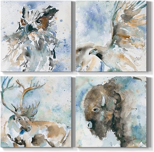 Renditions Gallery Lienzo con estampado de acuarela de animales salvajes, decoración de habitación de niños, oficina, habitación, granja, juego de 4