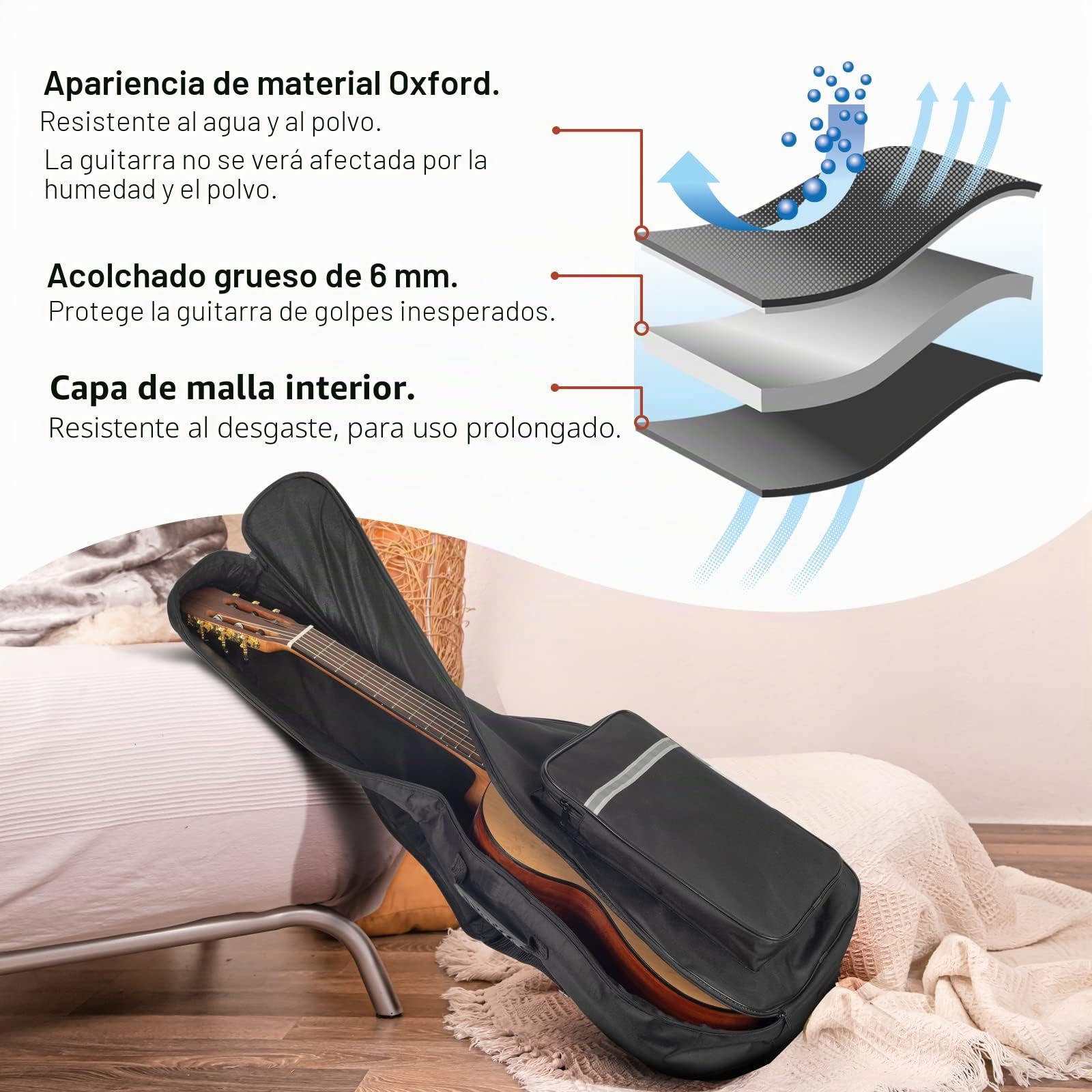 CAHAYA CY0288 - Bolsa para Guitarra clásica de 39 Pulgadas, Funda Suave Acolchada de 6 mm de Grosor, Mochila para Guitarra con Bolsillo Grande, Bandas Reflectantes, Black, Classical Guitar Bag 39