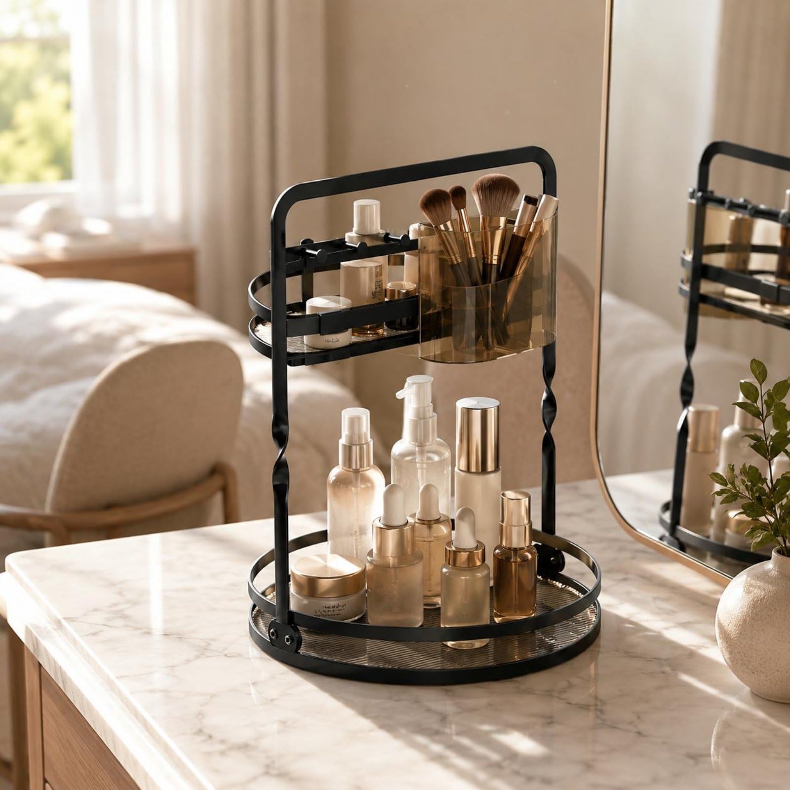 Vanity Organizer Organizzatore Trucco Portatrucchi Portapennelli Portaprofumi Rotante con Base Tonda in Metallo Due Livelli Ordine Rapido con, Nero, Style to 4