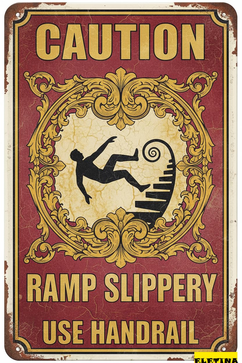 Slippery Use Handrail Warning Tin Sign, 8x12 Inch Decor