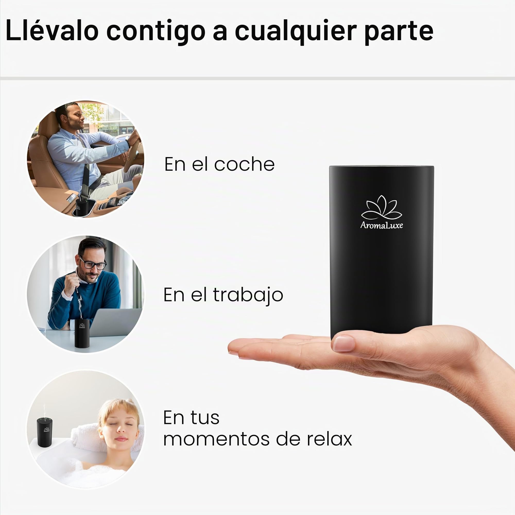AromaLuxe – Difusor de aroma para aceites esenciales, sin agua, batería recargable, intensidad ajustable y temporizador, aluminio resistente, negro