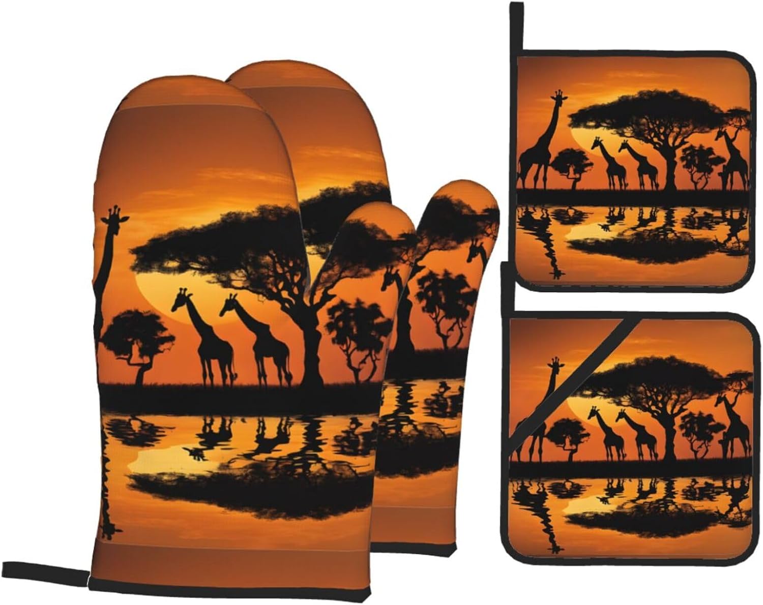 (Africa Giraffe Majestic Tree) Baking 4-Piece Set: 2 Oven Mitts and 2 Pot Holders Heat Resistant Waterproof Hanging Loop for Kitchen Oven Grill Housewarming Gifts