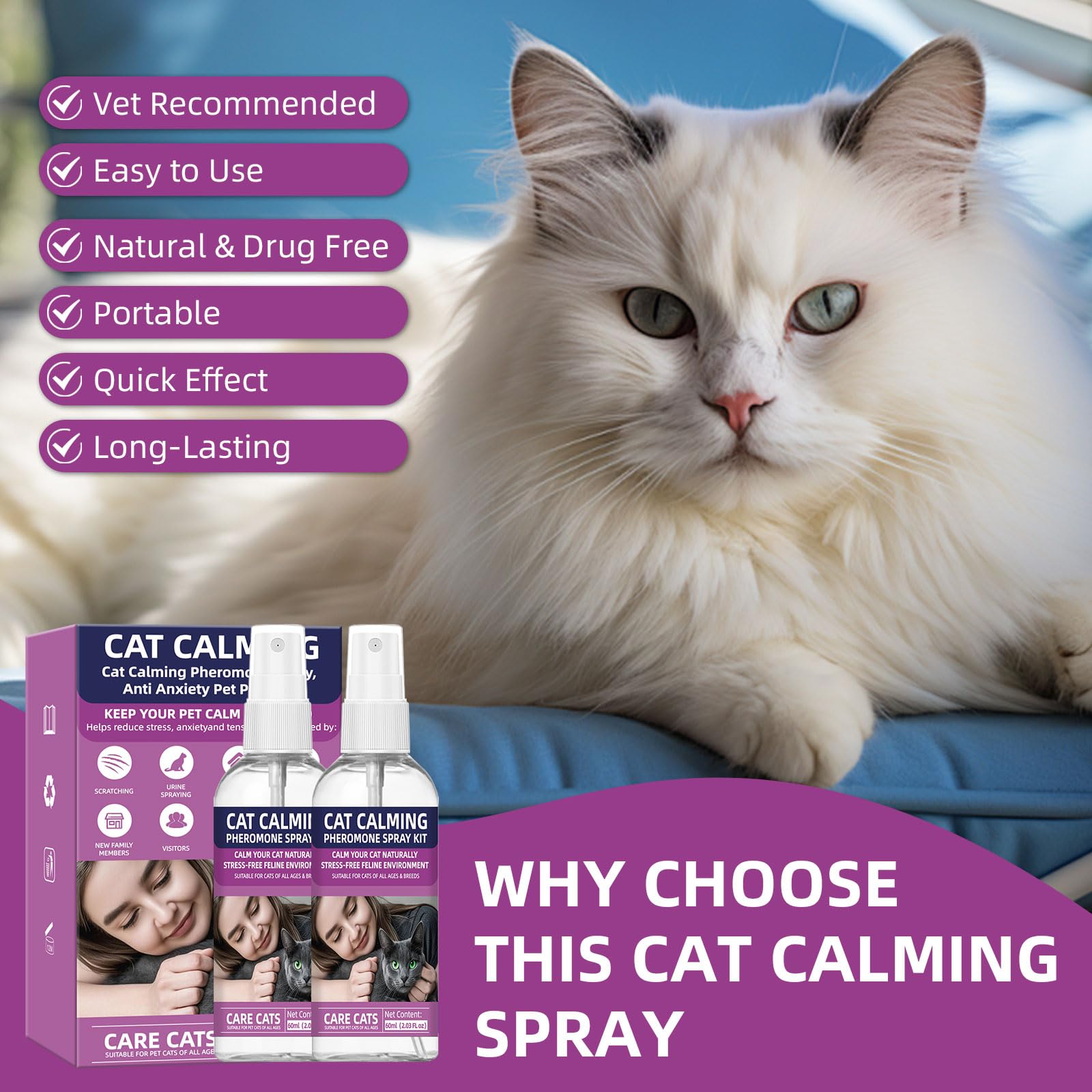 KODASNY Cat Calming Pheromone Spray Kit Feline Calm Pheromones Vet Recommended Drug-Free Anxiety Relief for Multi-Cat Homes,Stops Scratching & Urine Marking,60-Day Supply | Drug-Free (2) - image 4