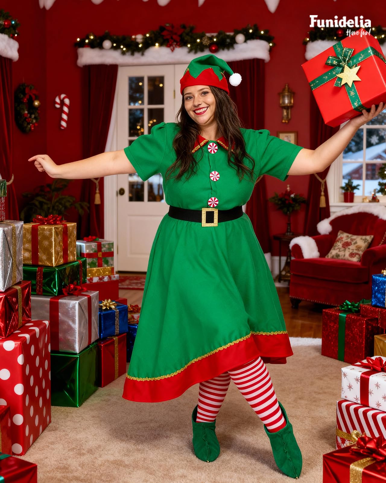 Funidelia Disfraz de elfa con accesorios para mujer, Navidad, Incluye vestido, cinturón, gorro, zapatos, medias y bastón hinchable - Traje para adultos para fiestas, Carnaval y Halloween, Talla XXL