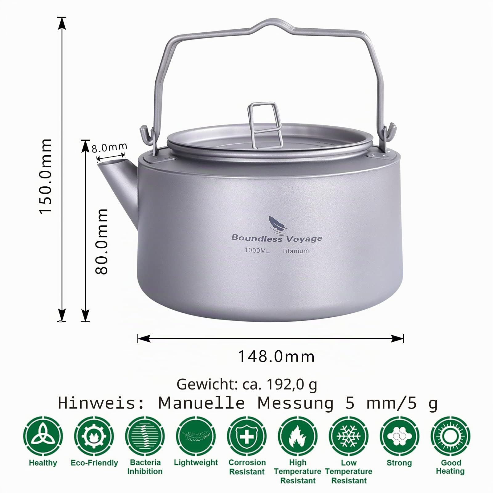 Boundless Voyage 1L Camping Titan Wasserkocher mit Klappgriff Filter Große Kapazität Topf Kochen Outdoor Kochset Töpfe Ti3098D