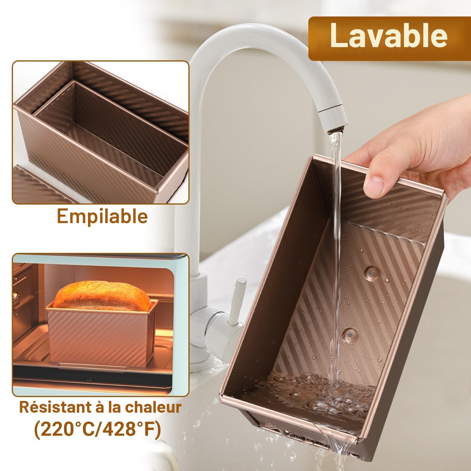 Lot de 2 Moule à Pain de Mie avec Couvercle – Moule Antiadhésif avec Couvercle pour Pain, Gâteaux & Pâtisseries, Moule a Brioche, Inclus 1 Spatule en Silicone et 1 Pinceau en Silicone.