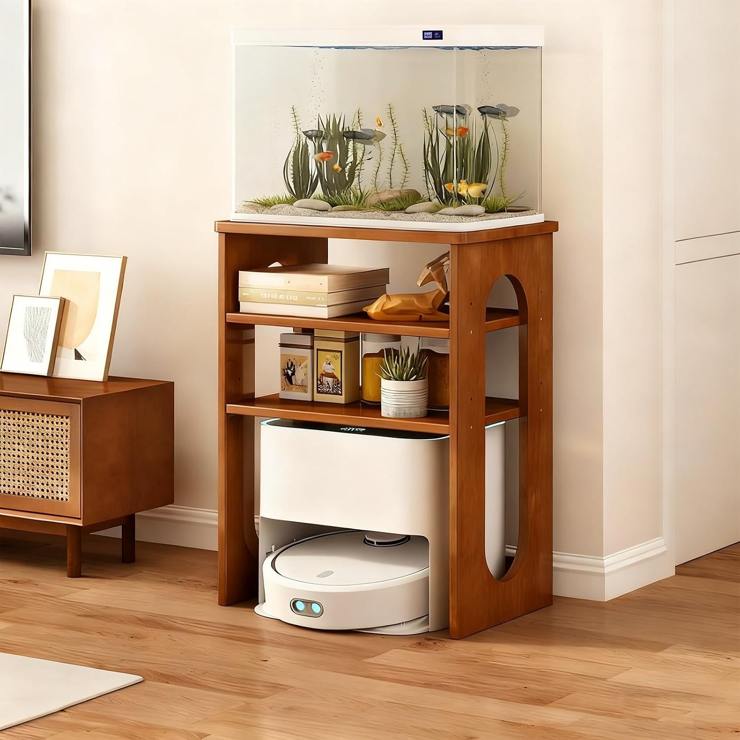 Robot Vacuum Cabinet with Adjustable Shelf, Self-Emptying Sweeper Machine for Living Room and Office