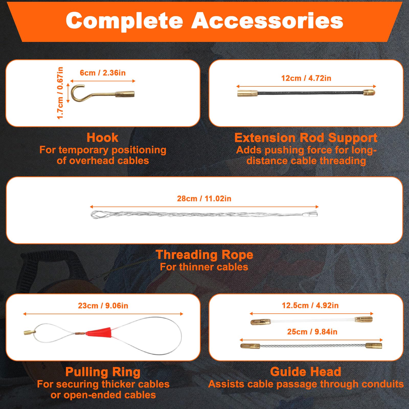30m Guía Pasacables Electricista Profesional con 6 Adaptadores, Herramientas de Pesca Alambre Flexible para Cableado Eléctrico, Tendido Cables, Tendido Líneas y Tendido Cables Conductos Subterráneos
