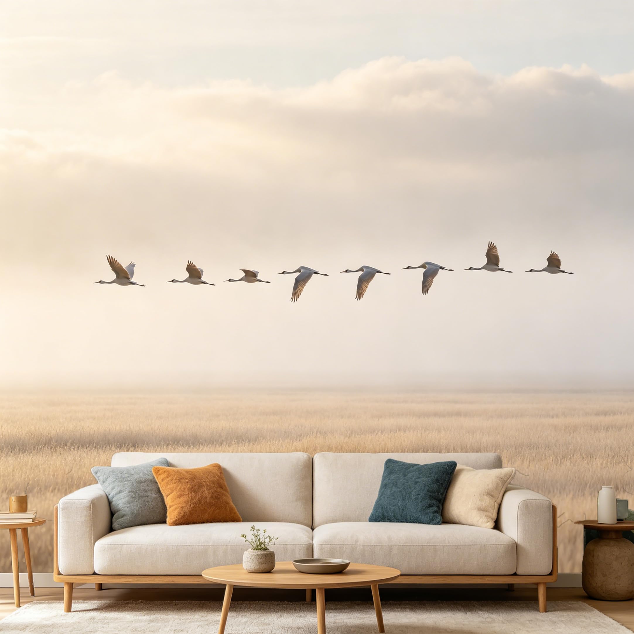 Custom Size Wall Mural Landscape Flying Cranes Migration Minimalist Foggy Meadow SelfAdhesive Art Prints wall Fabric（No PVC） Removable Wallpaper Home Bedroom Decor