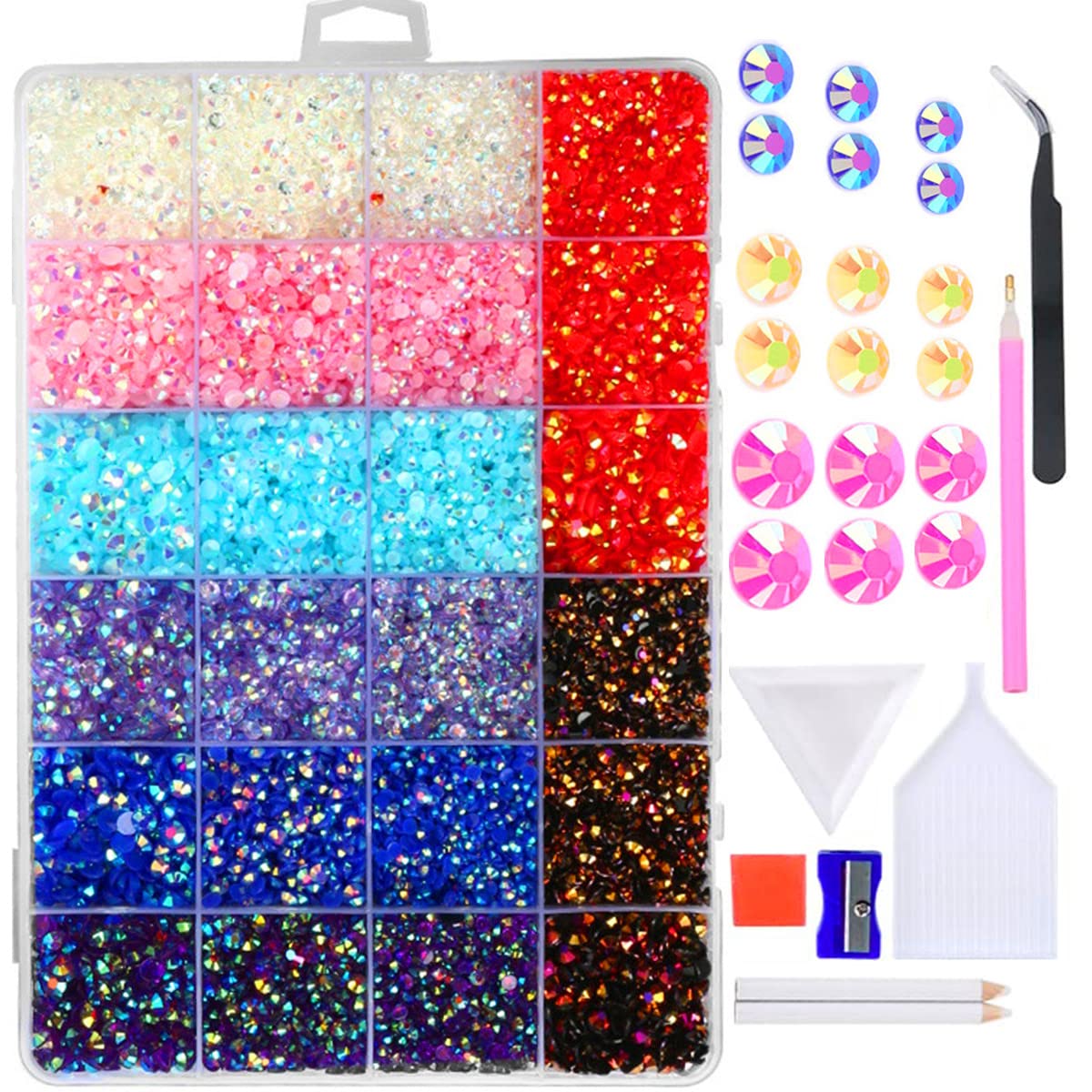 Sunfairy 23200 Adet Karışık Boyut 3 4 5 mm Jel ab Reçine Yapay Elmas Kutu Bardaklar için Aletler ile Tırnaklar AB Renkli Yapay Elmaslar Düzeltmesiz Strass Yuvarlak Kristal Taşlar Dekorasyon için Düz Arka Yapay Elmaslar