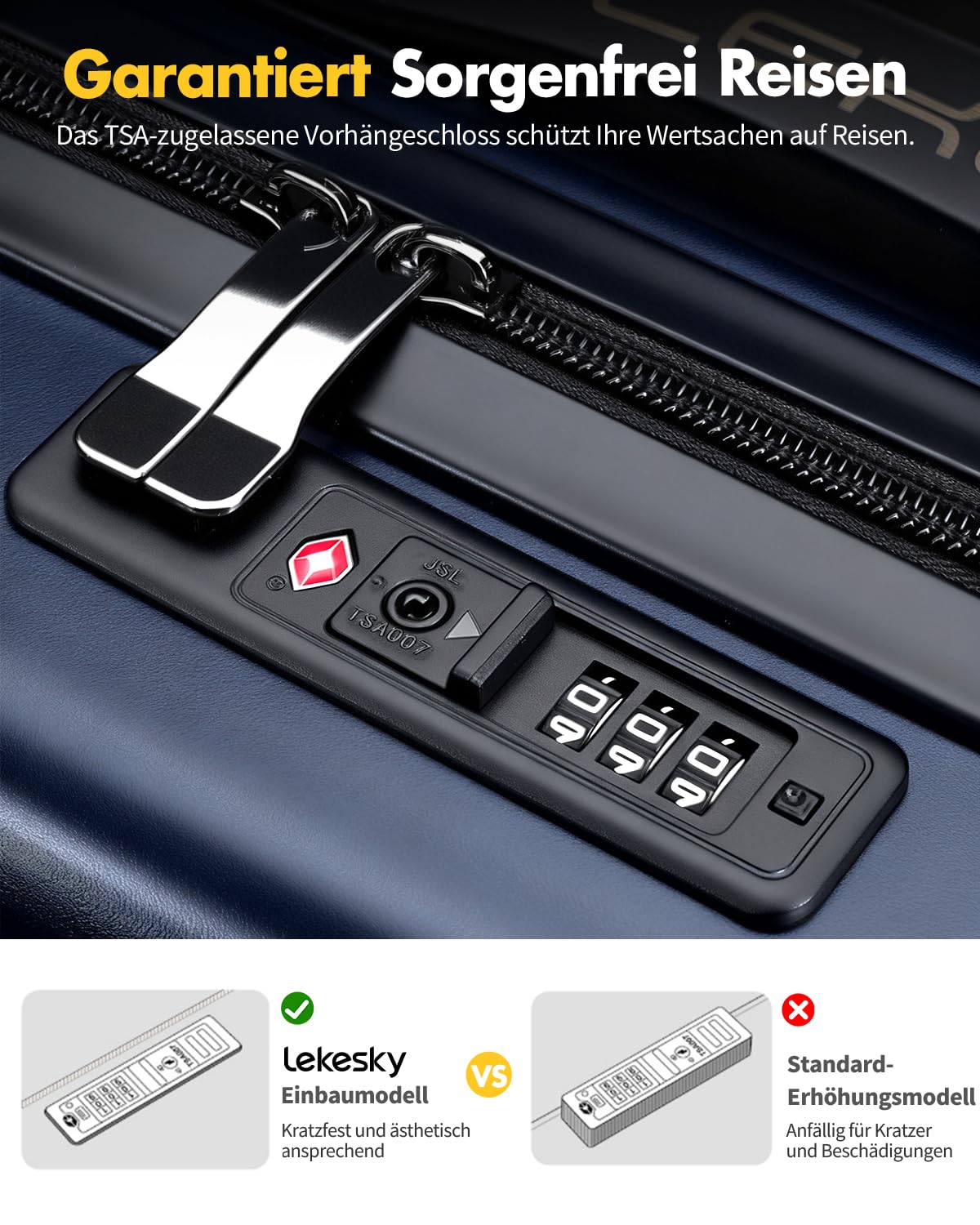 Lekesky Handgepäck Koffer 55x40x20cm - Trolley Handgepäck mit TSA Schloss und 4 Abnehmbaren Rollen, Leicht Hartschale für Ryanair, Lufthansa, Eurowings, Blau