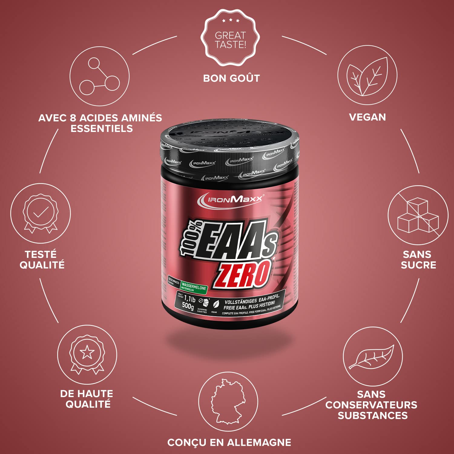 IronMaxx – EAAs Zero en Poudre – Pastèque 500 g – EAA Zéro Sans Sucre, Complément EAA pour Sport & Nutrition