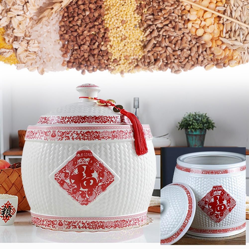 Récipients de Conservation Aliments Céramique Seau à Riz Accueil Boîte à Riz Scellé Boîte à Riz avec Couvercle 10KG 15KG 25KG Distributeur de Grains(10KG