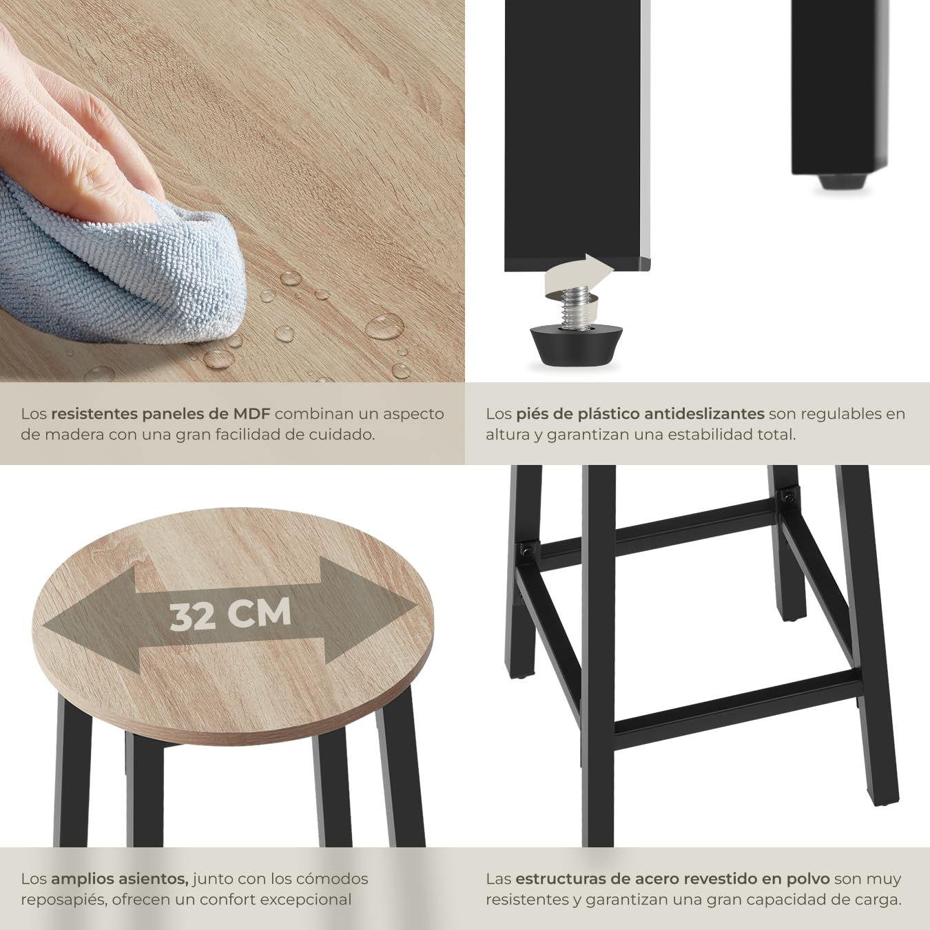 tectake® Juego de Taburetes de Bar con Estilo Industrial, para sillas Comedor, Taburete Alto Cocina, sillas de Comedor, Barra de Cocina - 32 x 32 x 66 cm Madera Industrial Clara, Roble Sonoma