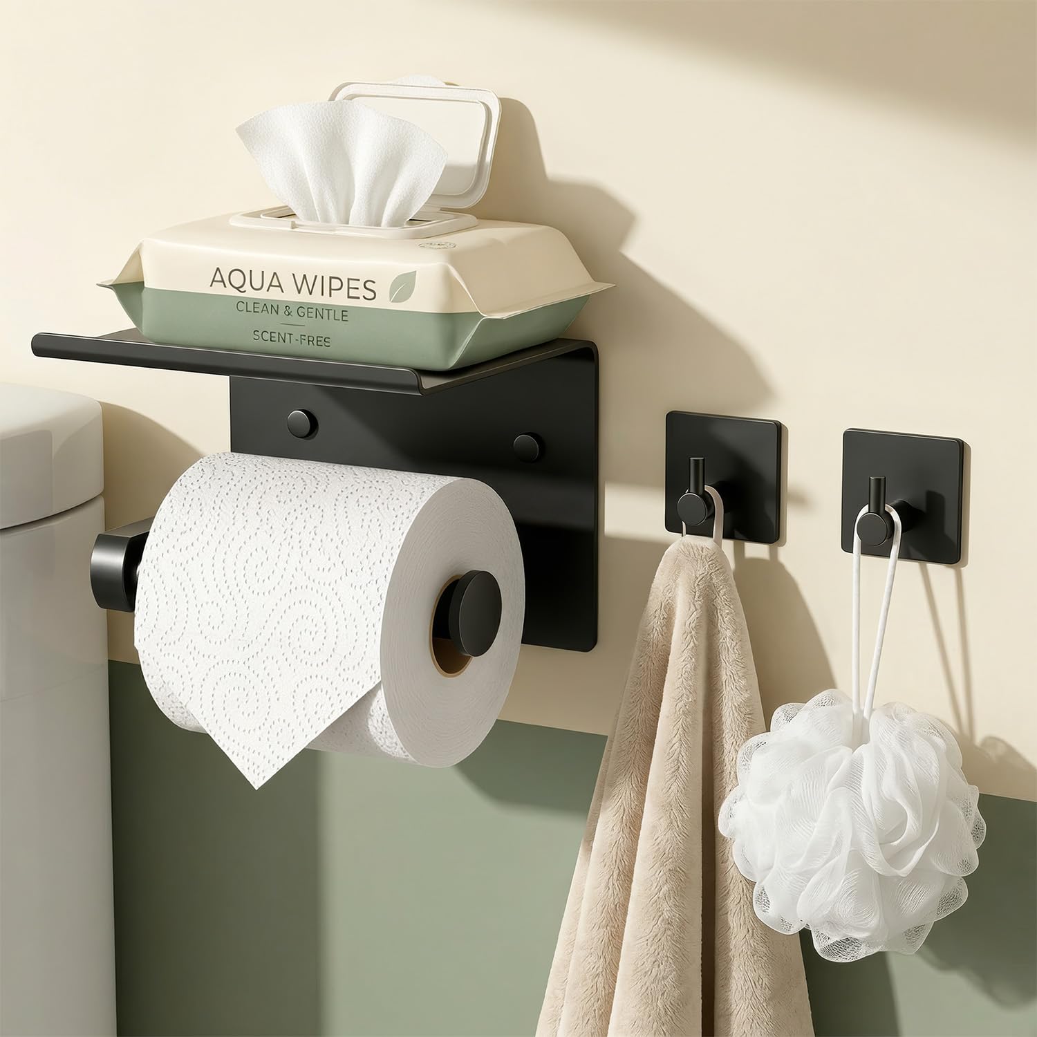 Tindbea Matte Black Toilet Paper Holder With Shelf + Towel Robe Hooks, Adhesive Or Screw Wall Mounted Toilet Paper Roll Holder, Stainless Steel Bathroom Hardware Set (Matte Black)