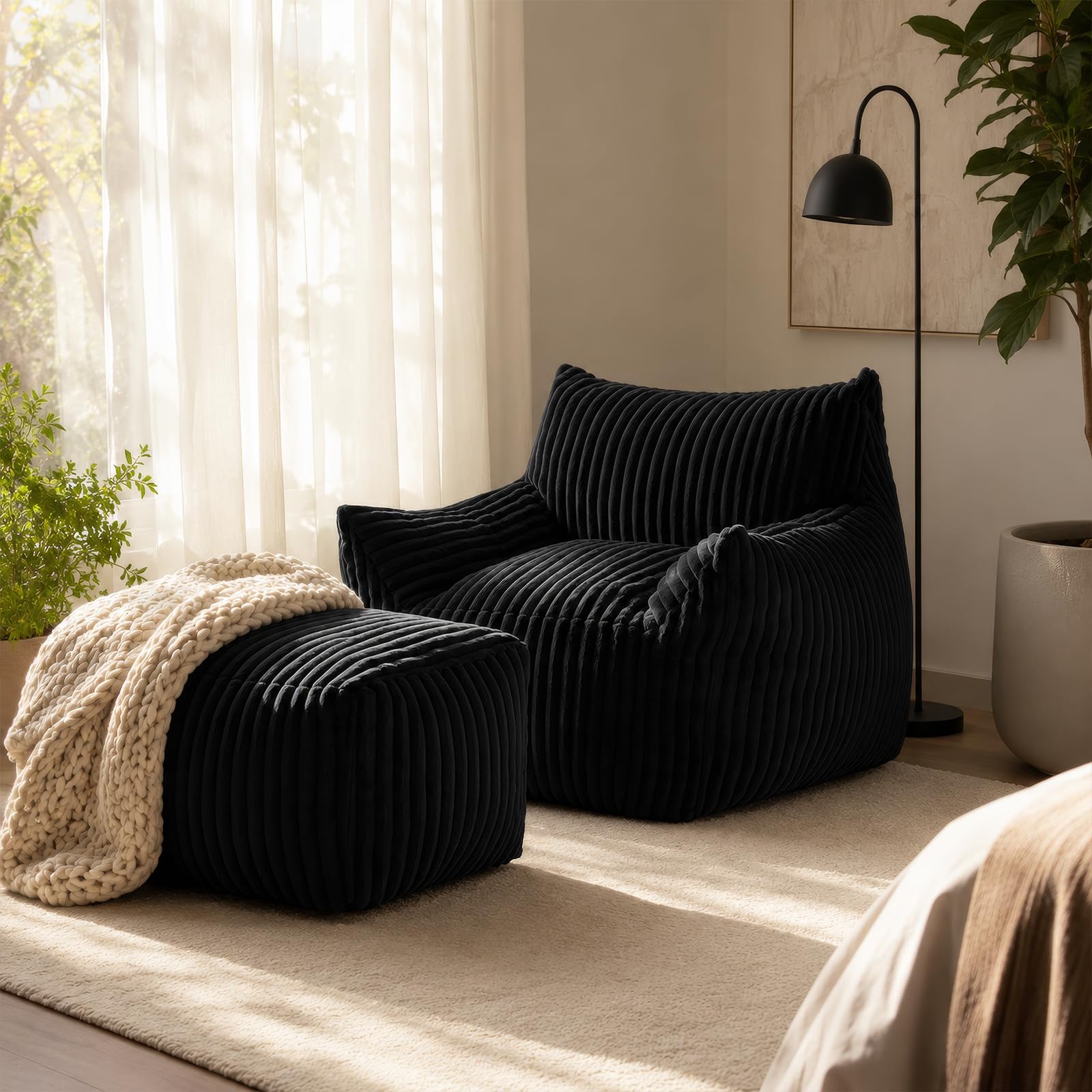 Pouf XXL per adulti con ottomana, poltrona reclinabile ergonomica con 5 zone di sostegno, fodera in coulisse, imbottitura in spugna ad alto rimbalzo, salvaspazio, per soggiorno, camera da letto e