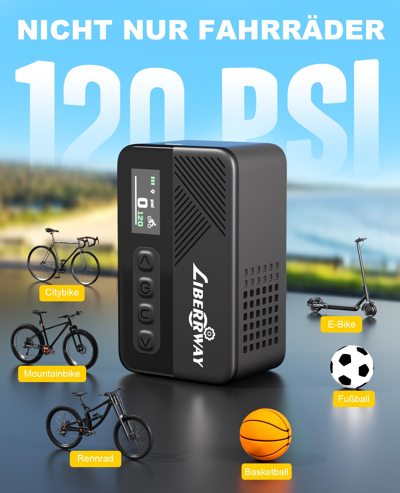 LIBERRWAY Mini Fahrradpumpe, Elektrische Fahrradluftpumpe mit Manometer, 120PSI(4 Maßeinheiten), Presta und Schrader-Ventil, Auto-Off & LED Licht, für Rennrad Mountainbike und Stadtrad