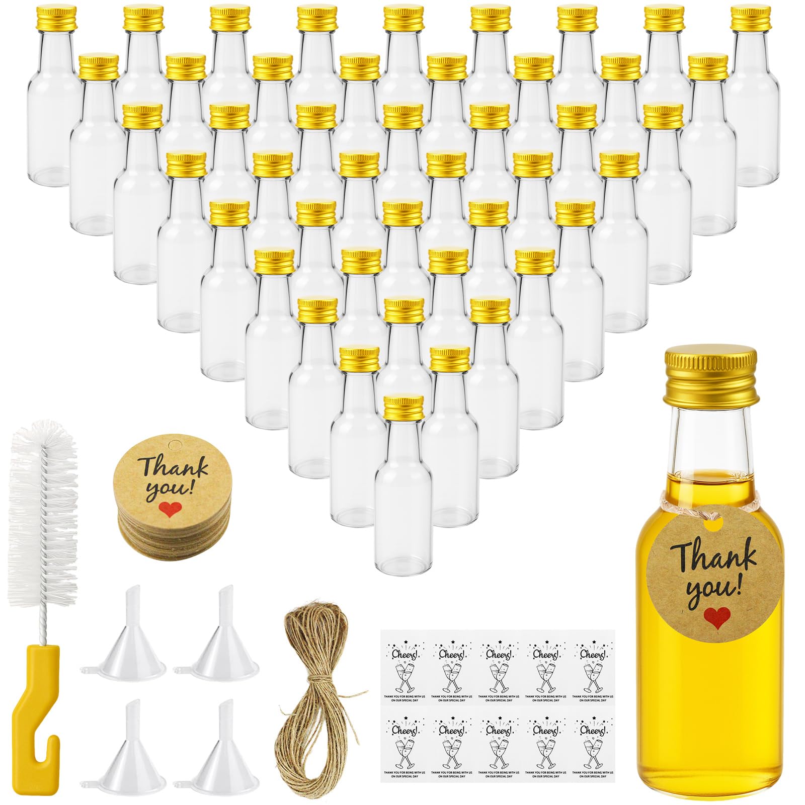 46 Pezzi Mini Bottiglie per Liquore 25ml, Mini Bottiglie Alcolici di Plastica, Riutilizzabile Bottiglie da Riempire Trasparenti con Tappi, Etichette, Spago, Imbuto, per Matrimoni Feste