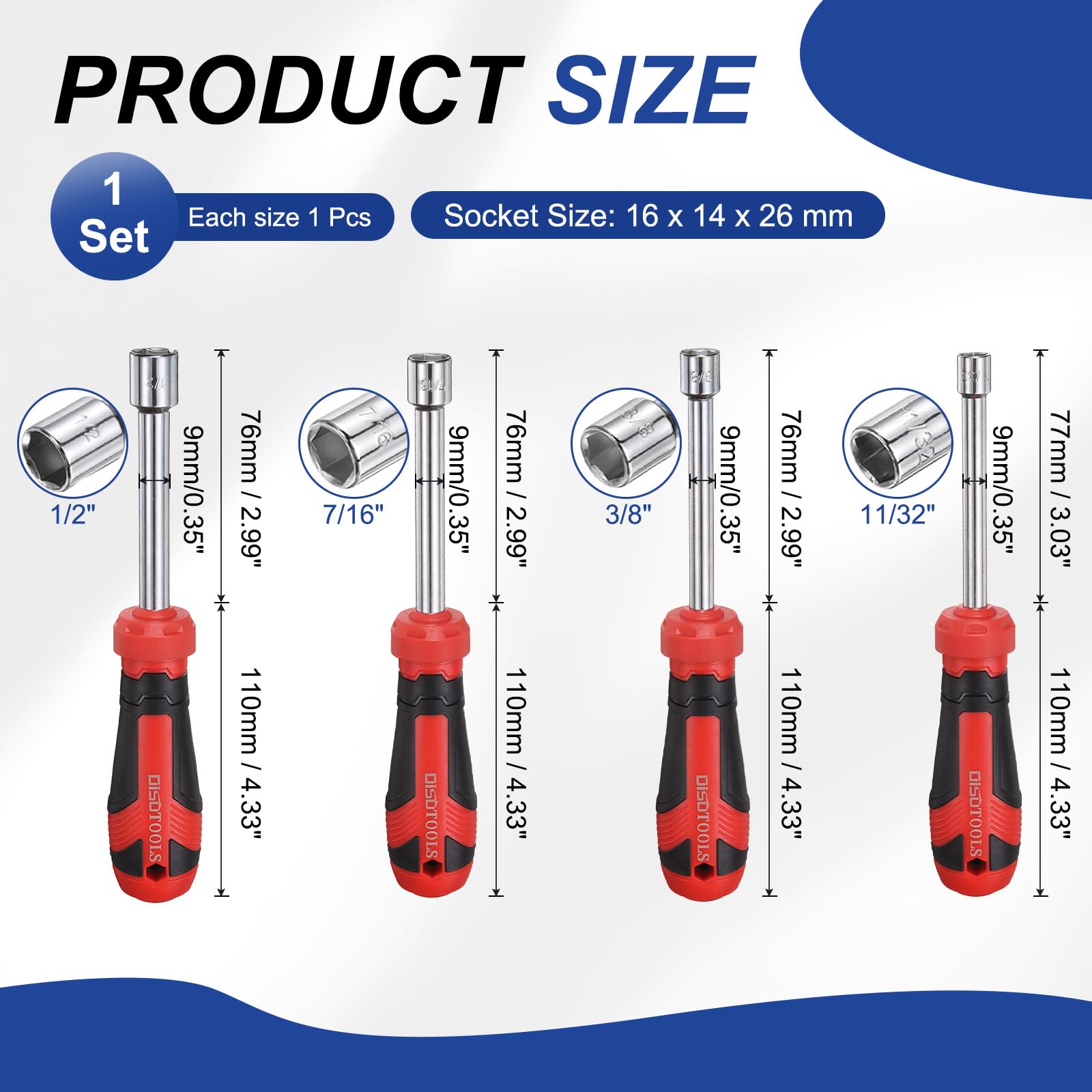 QUARKZMAN 4 Pz Chiave A Bussola SAE 11/32" / 3/8" / 7/16" / 1/2" CR-V Punta Non Magnetica Albero Cavo Chiave A Bussola Esagonale Con Impugnatura Antiscivolo Per Riparazione Auto Bit Driver