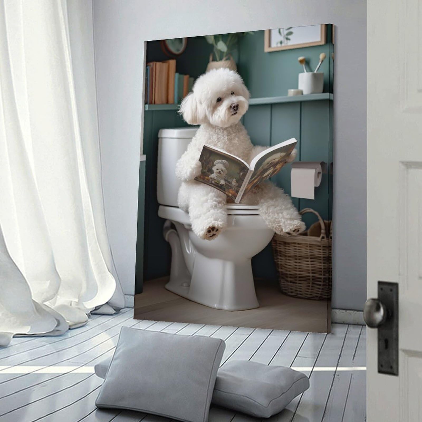 Junmoney Frame-Style-11 Canvas Art Print Bichon Frise On The Toilet, 16X24inch(40X60cm), For Office, Study Or Home Workspace, Wall Art That Adds Style To Work Areas