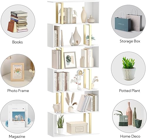 Miniatura 6 de Yusong Estantería geométrica, estantería en forma de S, estantes de libros de 6 niveles para dormitorio, estante decorativo de madera moderno,
