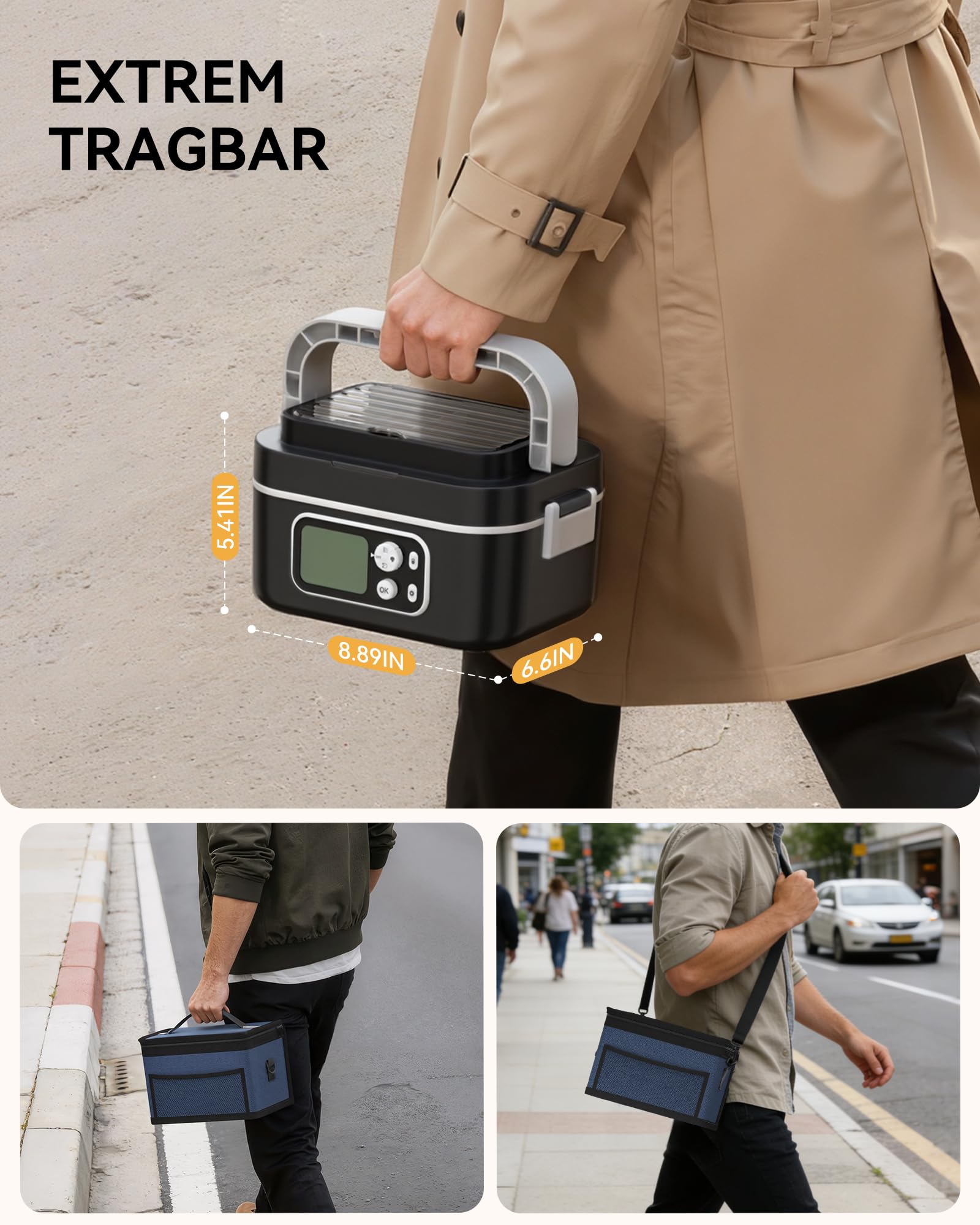 Yofidra Elektrische Lunchbox 1500ml, Heated Lunch Box | mit Akku | Digitalanzeige | Thermotasche | Löffel-Gabel-Kombination | Plastiktrennwand | Herausnehmbarer Trennplatte für Arbeit