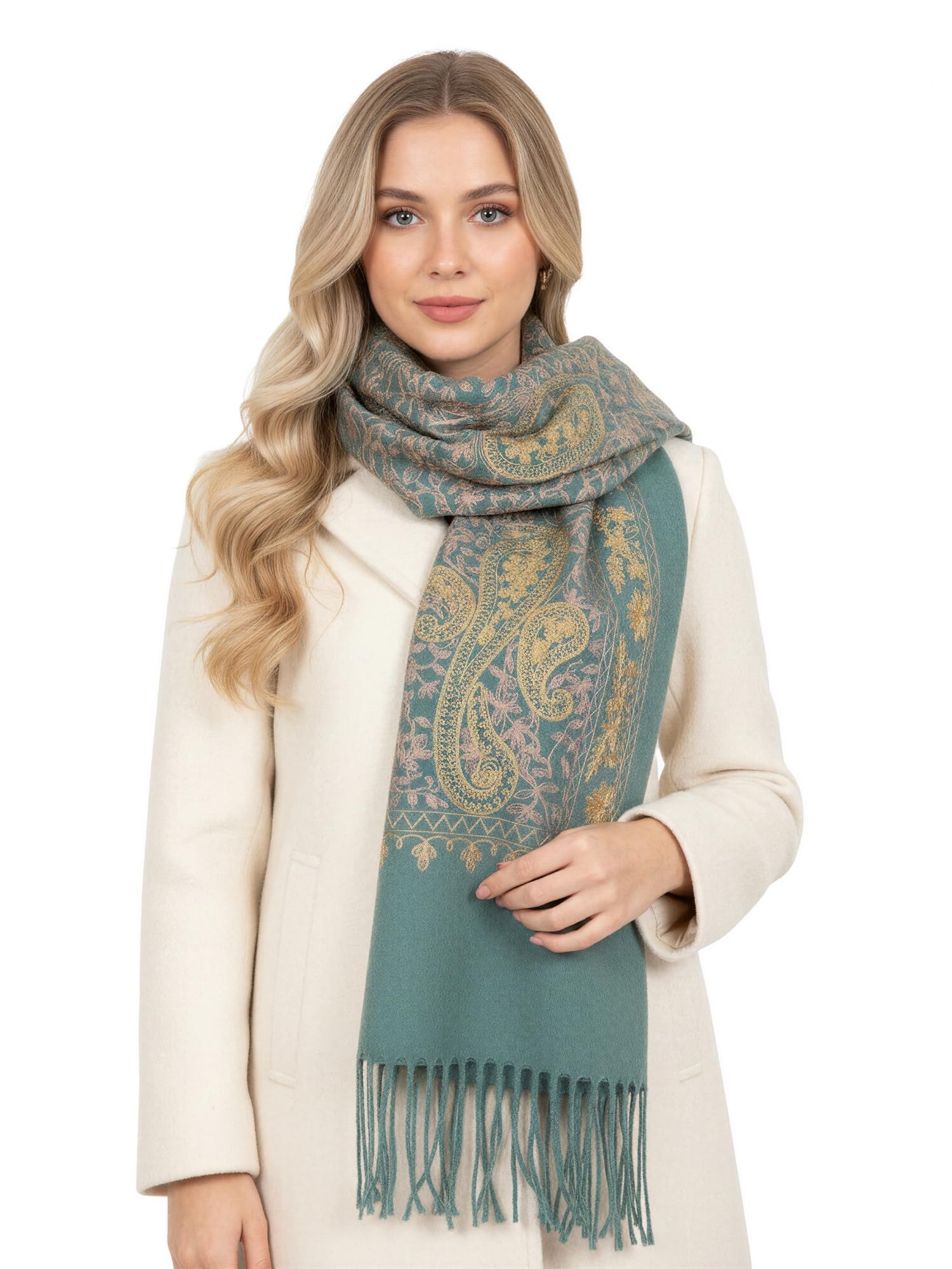 Women’s Pashmina Scarf Shawl Wrap - Large Long Paisley Floral Ladies Scarf, Colourful Cashmere & Cotton Mix, Wearable Winter Blanket Scarves, Indian Wedding Evening Stole (Gold & Pastel Green)