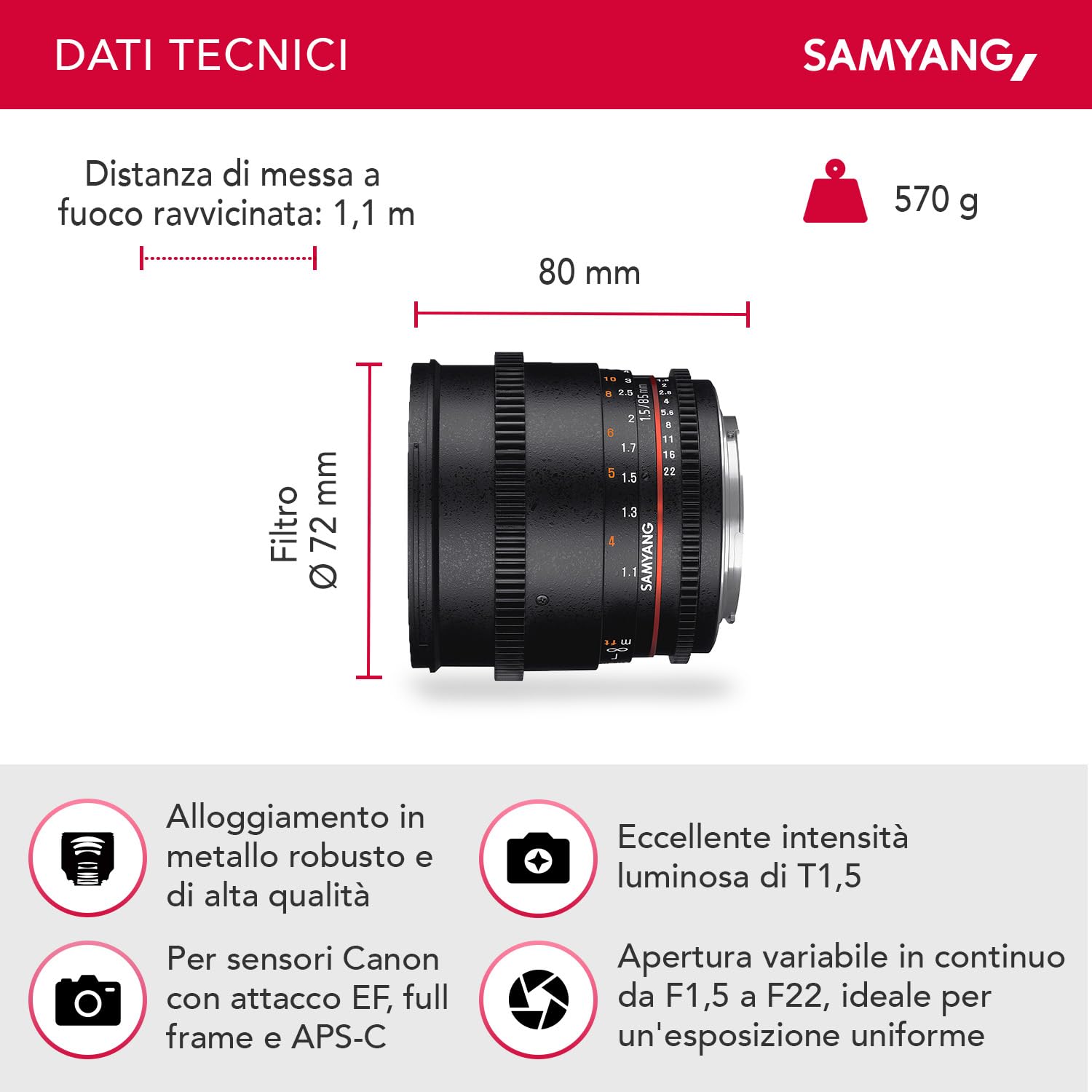 Samyang 85mm T1.5 AS IF UMC Obiettivo per Fotografia VDSLR - Dettaglio