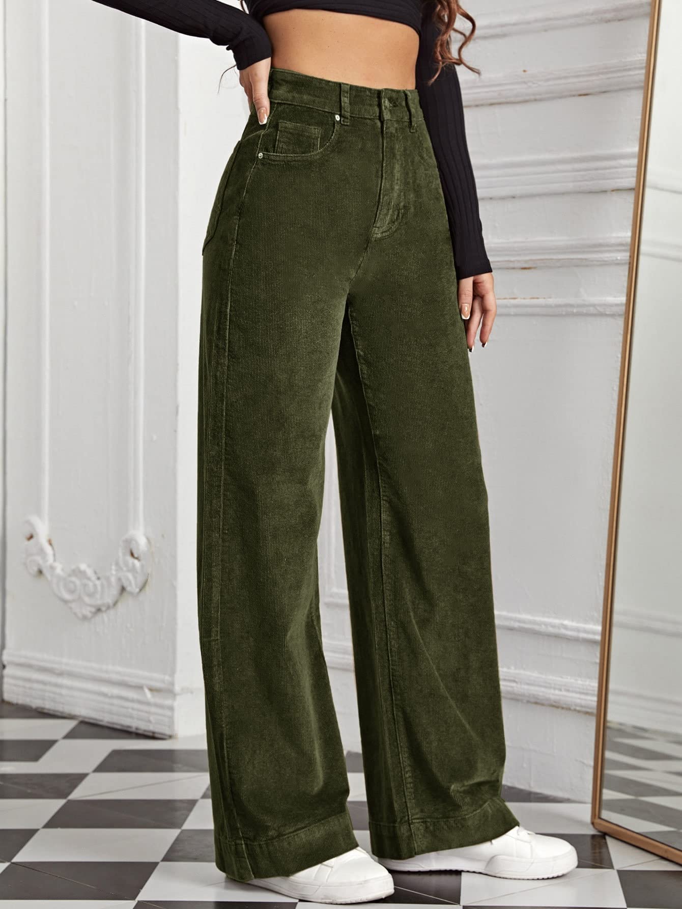 AVIMYA Womens Casual Pants High Waist Slant Pocket Cord Pants for Work