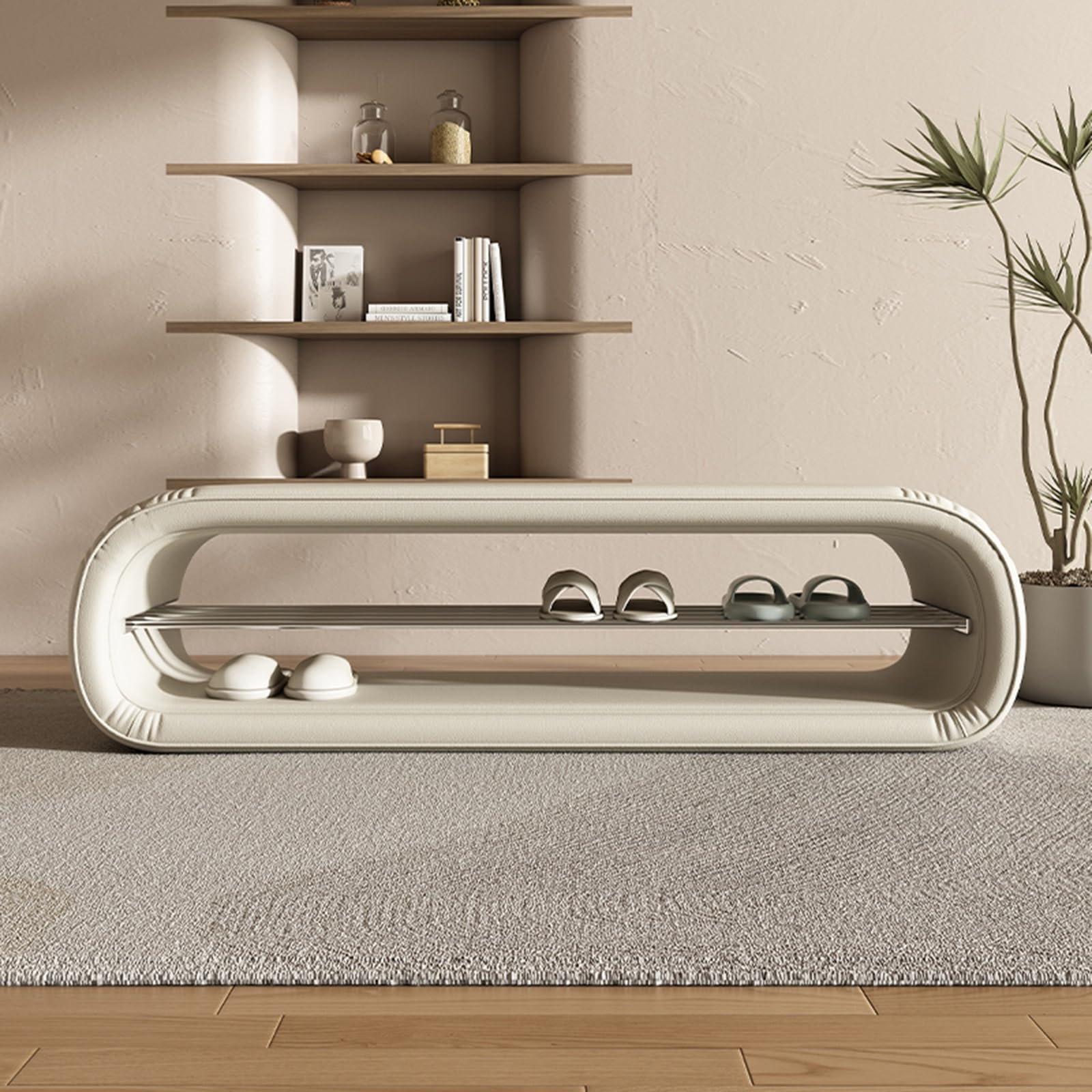 SXZenSpace Shoe Rack Bench Ottoman End of Bed Storage Modern Upholstered Changing Stool Entryway for Living Room Bedroom Hallway Window Corne(Off-White,60cm)