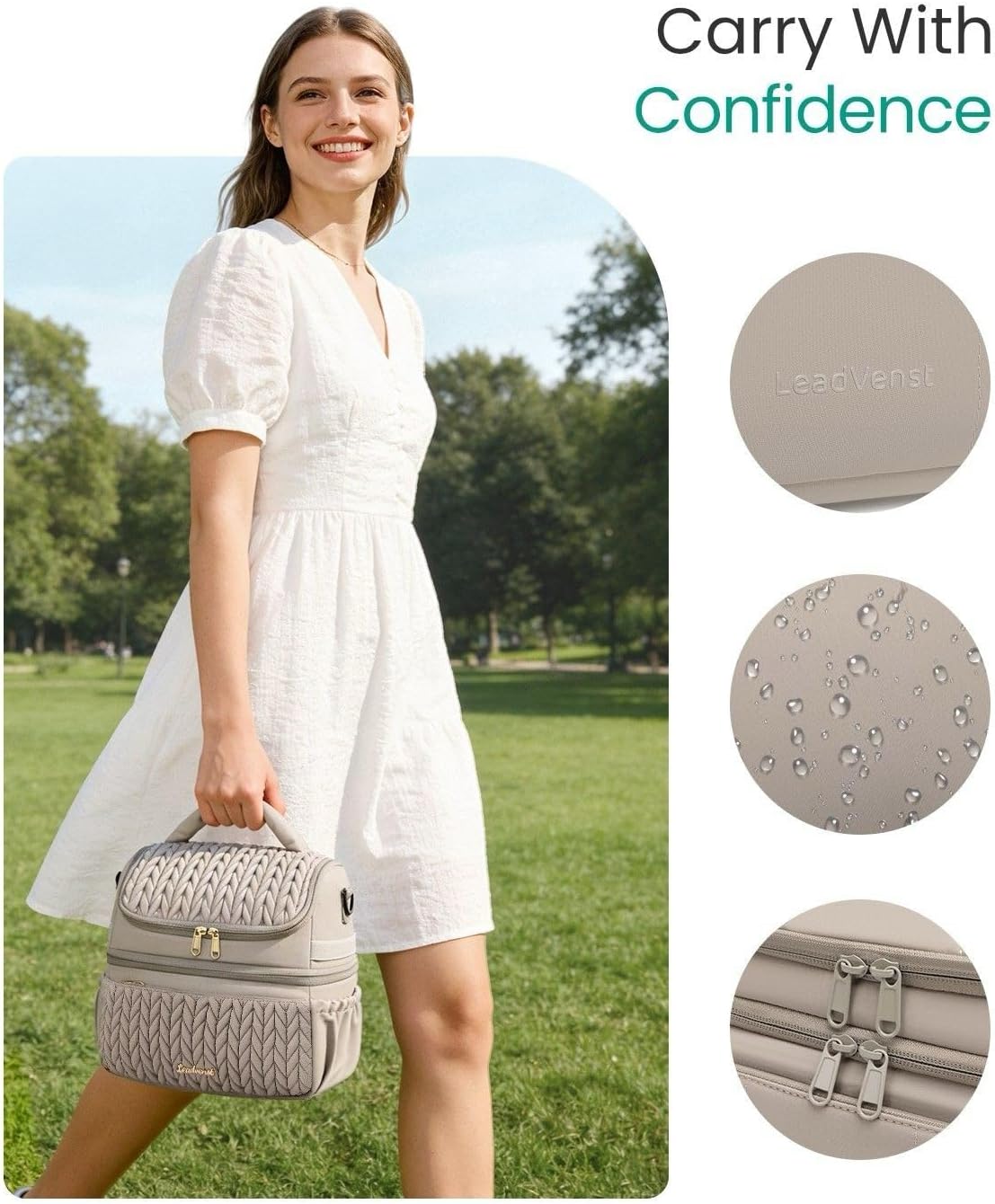 Lunch Bag Women Men, Double Deck Insulated Lunch Box, Large Capacity 12L with Detachable Divider for Tall Item, Leakproof, Durable & Reusable Cooler Bag For Work Picnic Travel, Quilted Khaki