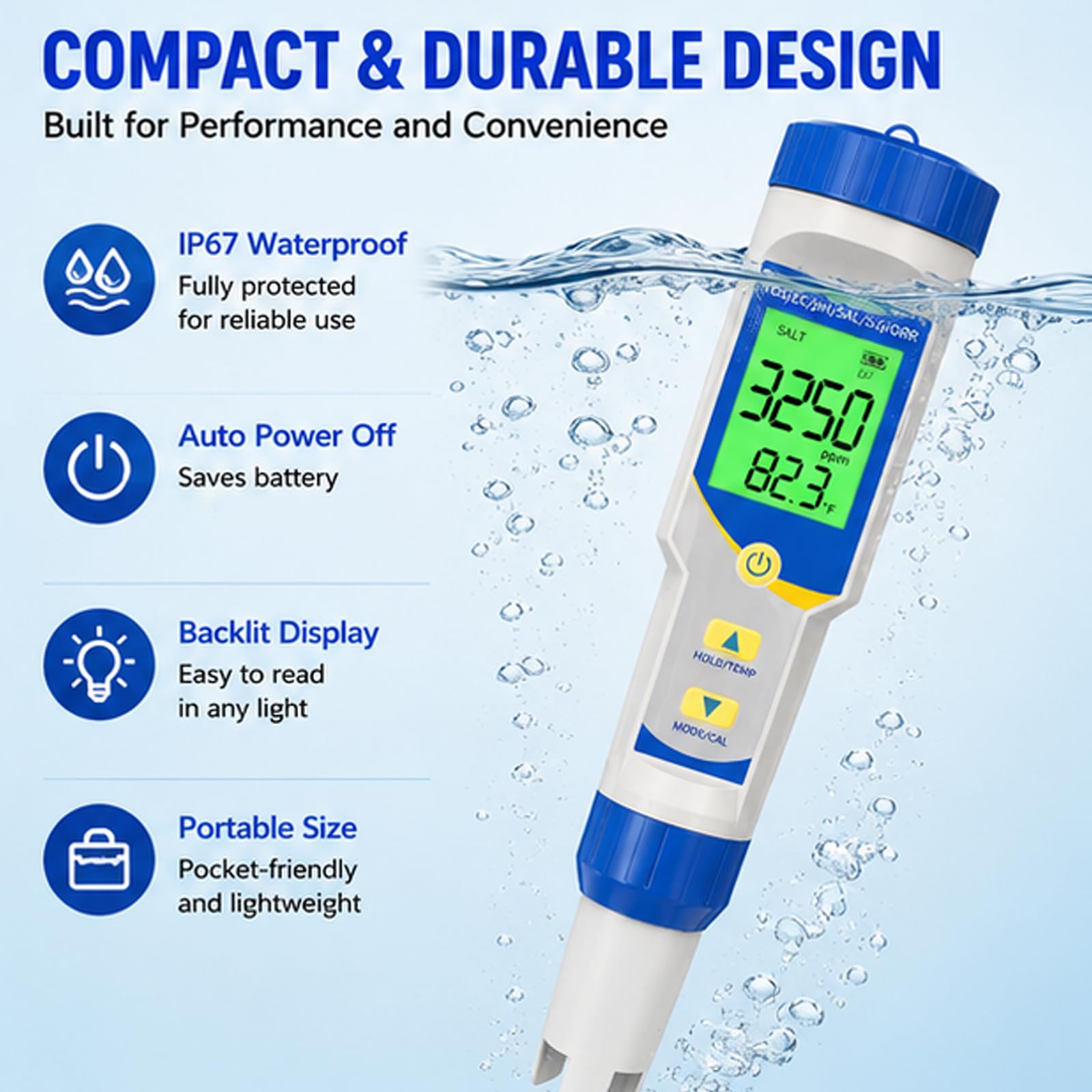 Probador de sal para piscinas, kit de prueba de salinidad digital de alta precisión con medidor de sal ORP de pH, medidor de cloro y termómetro de lectura para piscinas de agua salada Spa