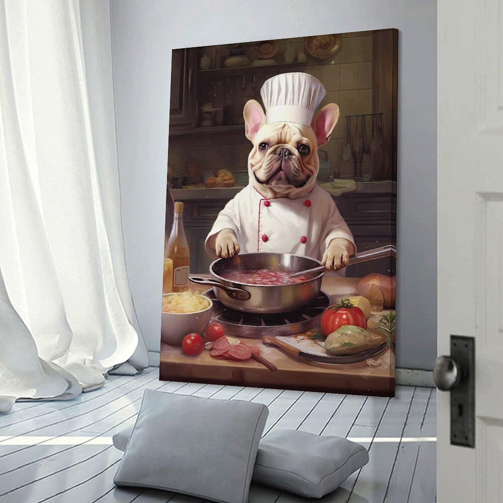 Junmoney Cream French Bulldog Chef Canvas Art Print 24x36inch(60x90cm), for Gallery Wall Layouts in Home Or Office, Decorative Artwork with Flexible Styling