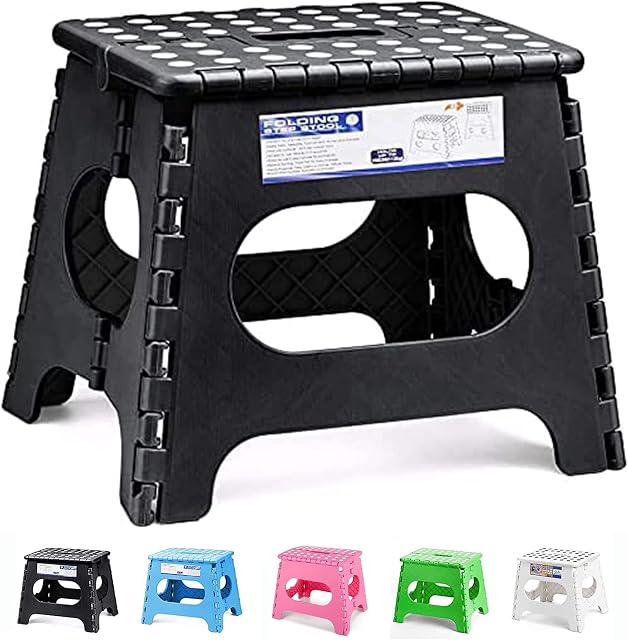 HOUSE DAY 11 Inch Folding Step Stool for Kids- Heavy Duty Plastic Step Stool for Adult Foldable Stool Sturdy Kitchen Step Stool Skid Resistant Folding Stool for Bedroom/Bathrooom Stools(Black)