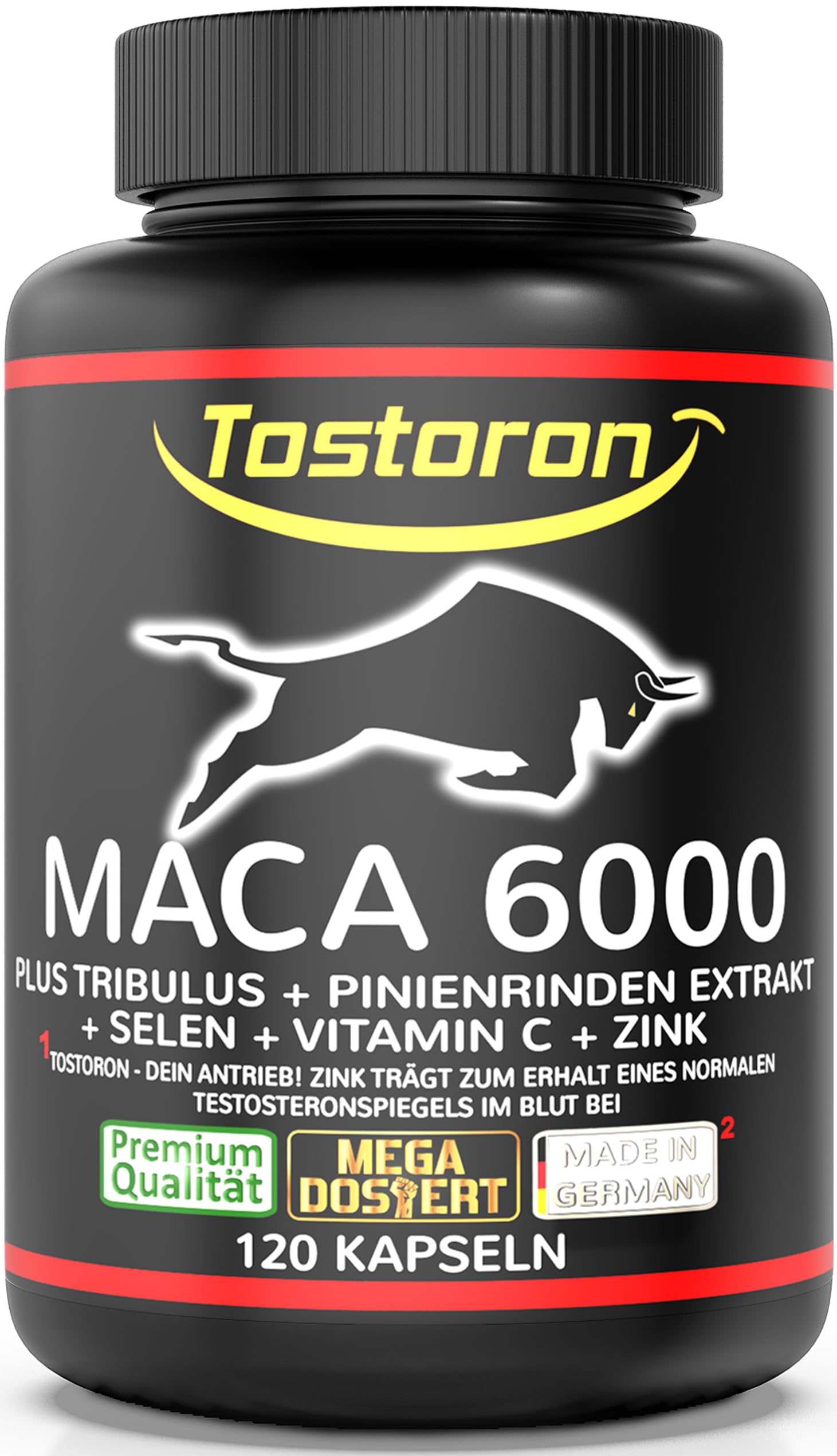 MACA Kapseln extra stark + hochdosiert - 120 Kapseln, Maca Pulver Extrakt, Tribulus terrestris, Pinienrinde, natürliches Vitamin C, Selen, Zink trägt zum Erhalt eines normalen TESTOSTERON SPIEGELS bei