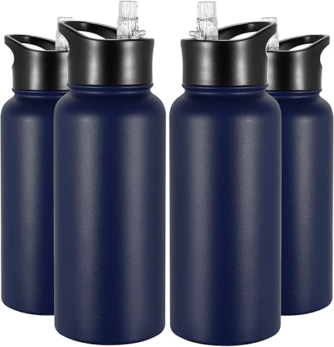 Miniatura 1 de Paquete de 4 botellas de agua aisladas de 32 onzas, botellas de agua deportivas de acero inoxidable con tapa con popote y tapas de boca ancha, vacío