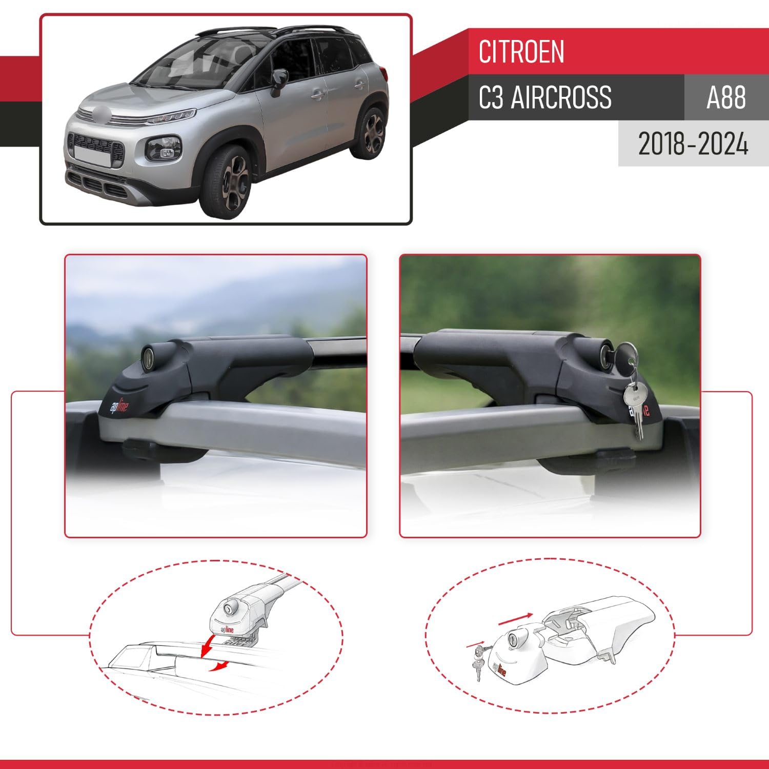 Kompatybilny z Citroen C3 Aircross (A88) 2018-2024 ACE-1 Model Aluminiowe poprzeczki dachowe Czarny 2 szt.