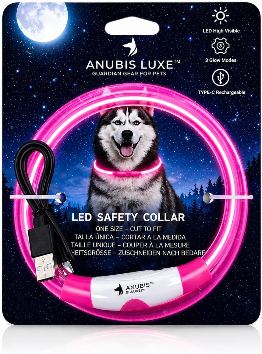 LED Rechargeable USB Dog Collar, Light-Up Dog Collar, Adjustable Waterproof Glow in Dark Safety Necklace 3 Modes for Night Walks, Protection for Small Medium and Large Dogs (Pink, Button)
