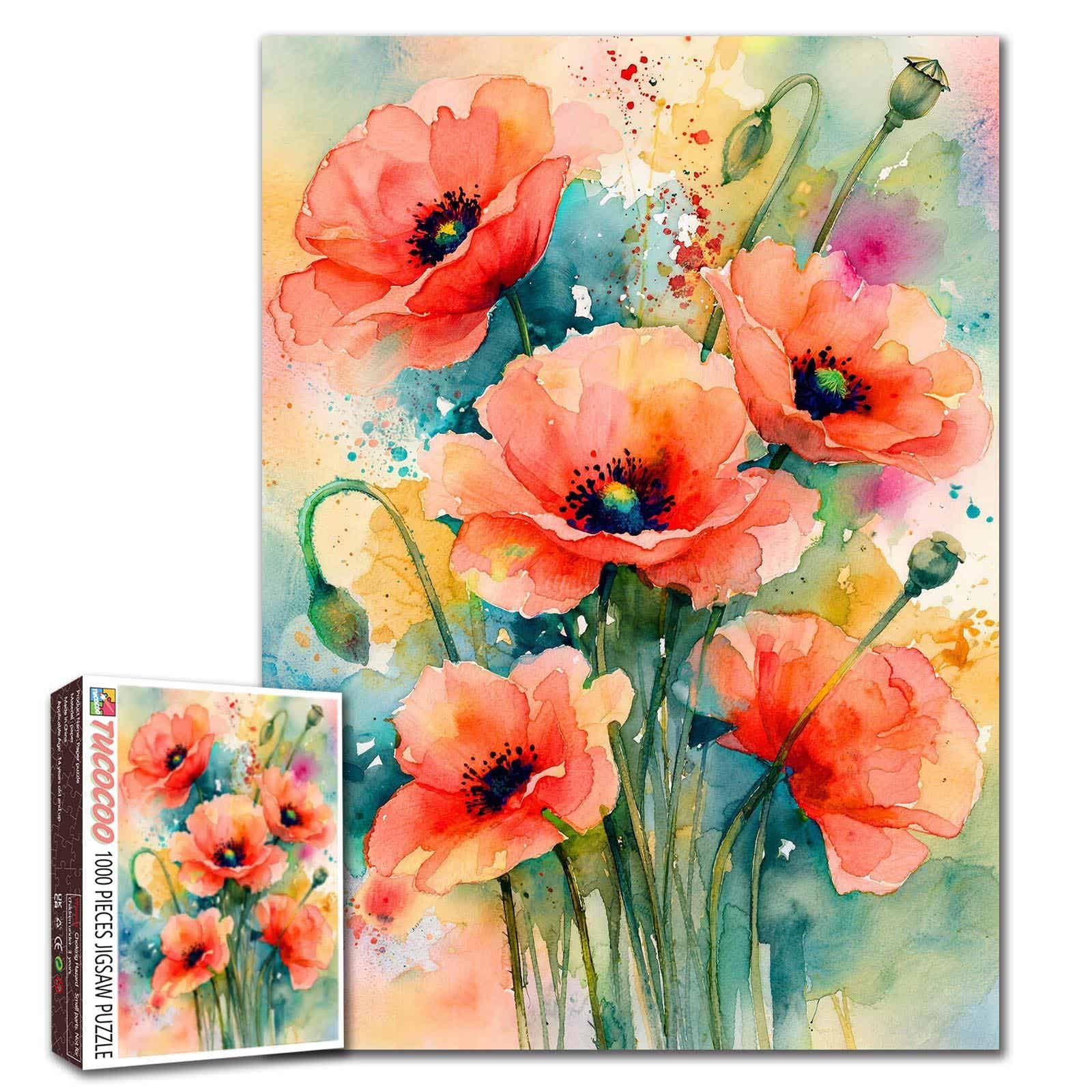 Pink Poppy Puzzle Graffiti Flower 1000 Pieces for Adults Watercolor Puzzle Challenging DIY Home Decor Family Perfect for Game Nights 20 x 27 Inches — image 1